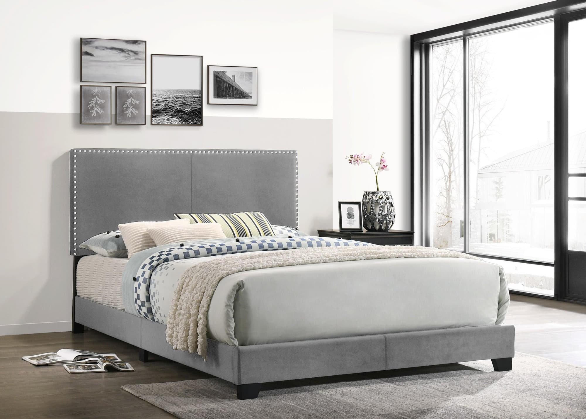 Doom Gray Velvet Upholstered Platform Full Bed - Image 1