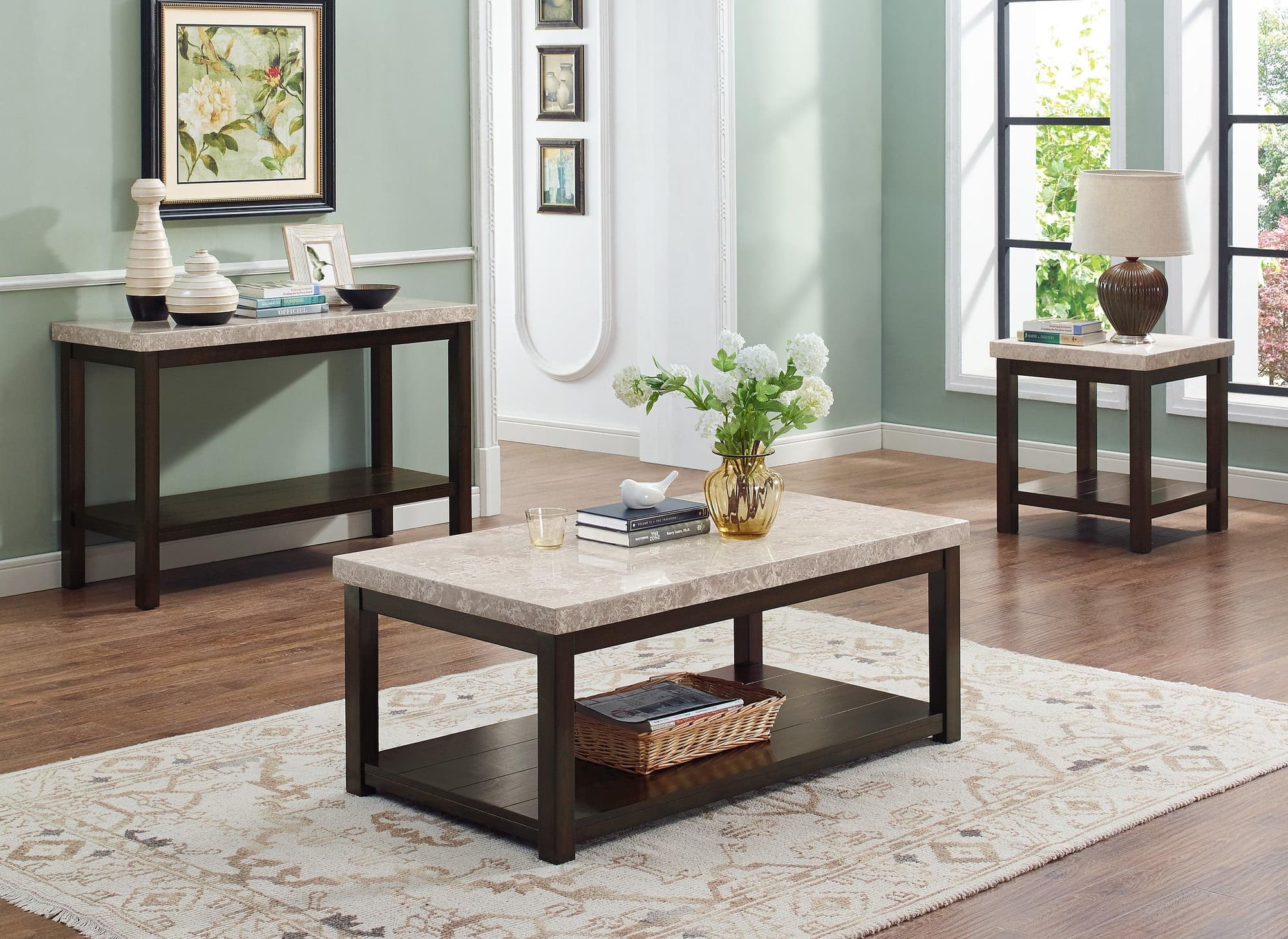 Kelia Brown Marble Top 3-Piece Coffee Table Set - Image 1