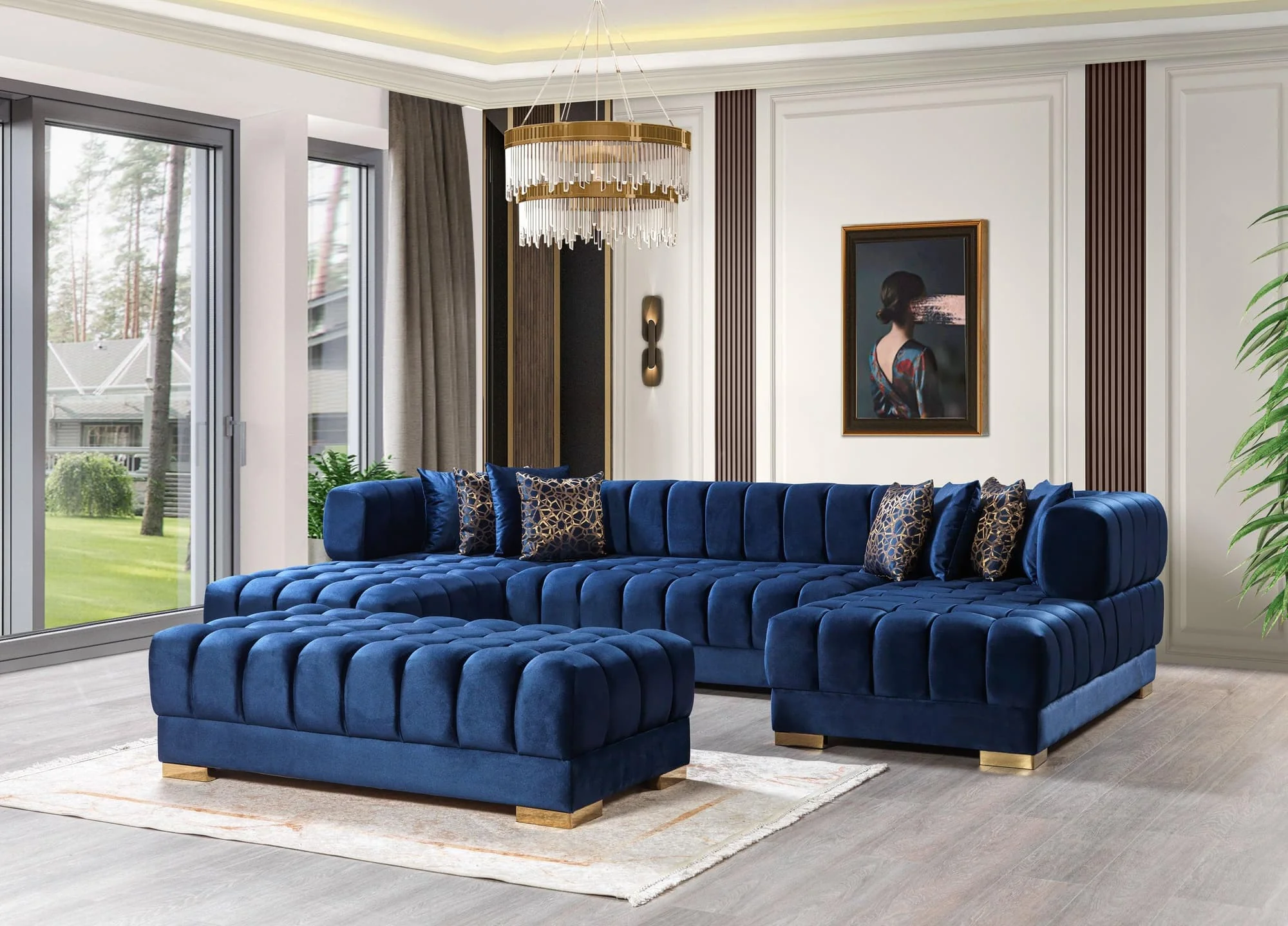 Mia Blue Velvet Double Chaise Sectional - Image 1