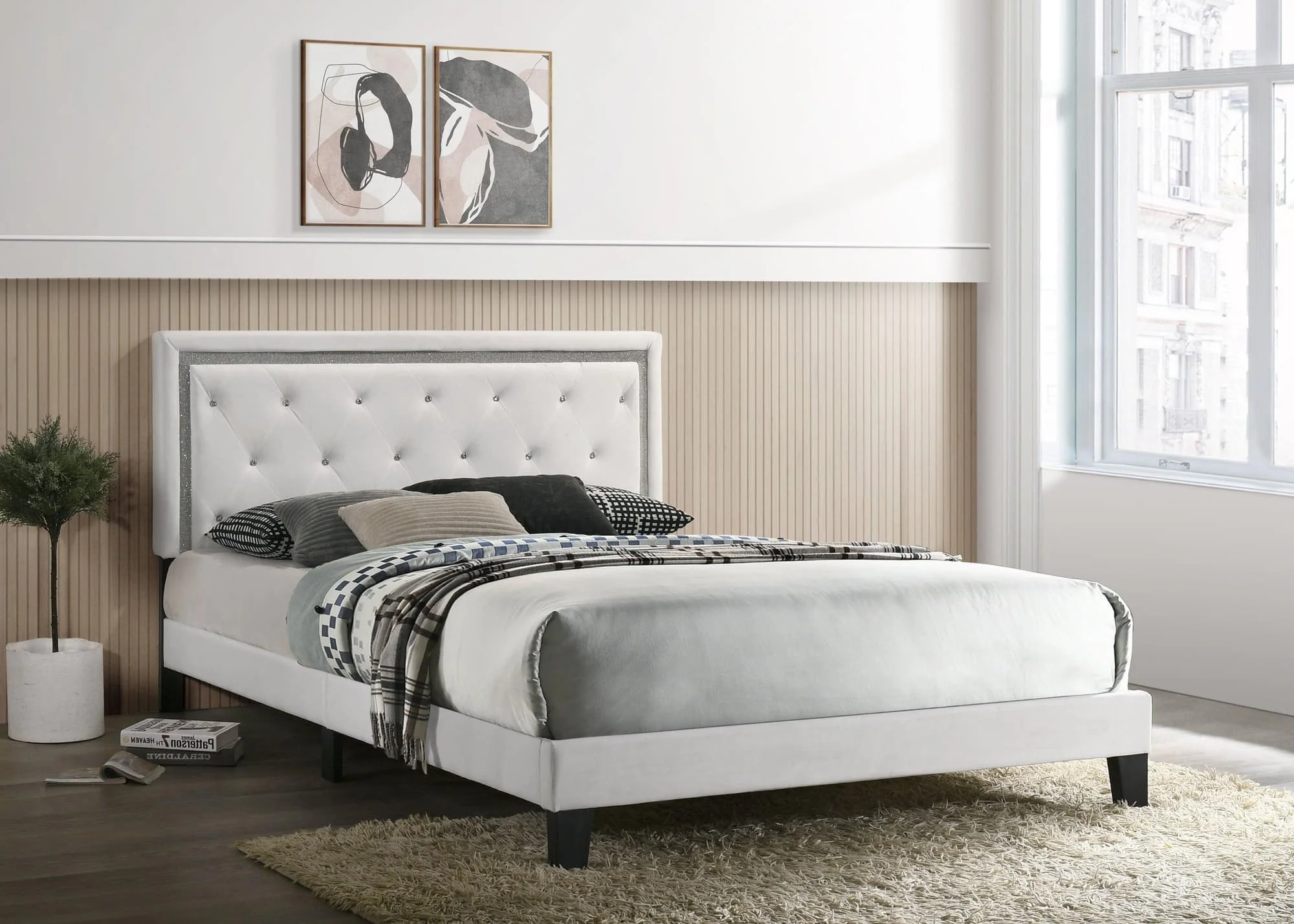 Passion White Velvet Upholstered Tufted Platform Queen Bed - Image 1