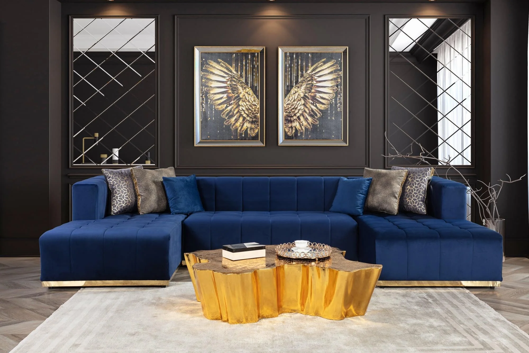 Amelia Navy Velvet Double Chaise Sectional