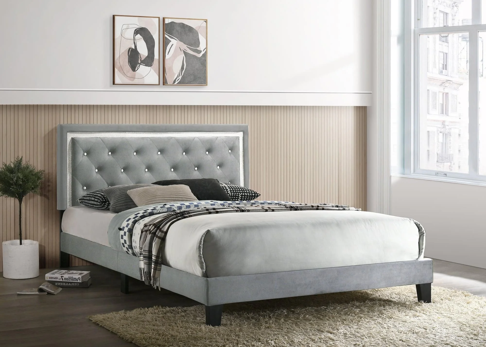Passion Gray Velvet Upholstered Tufted Platform King Bed - Image 1