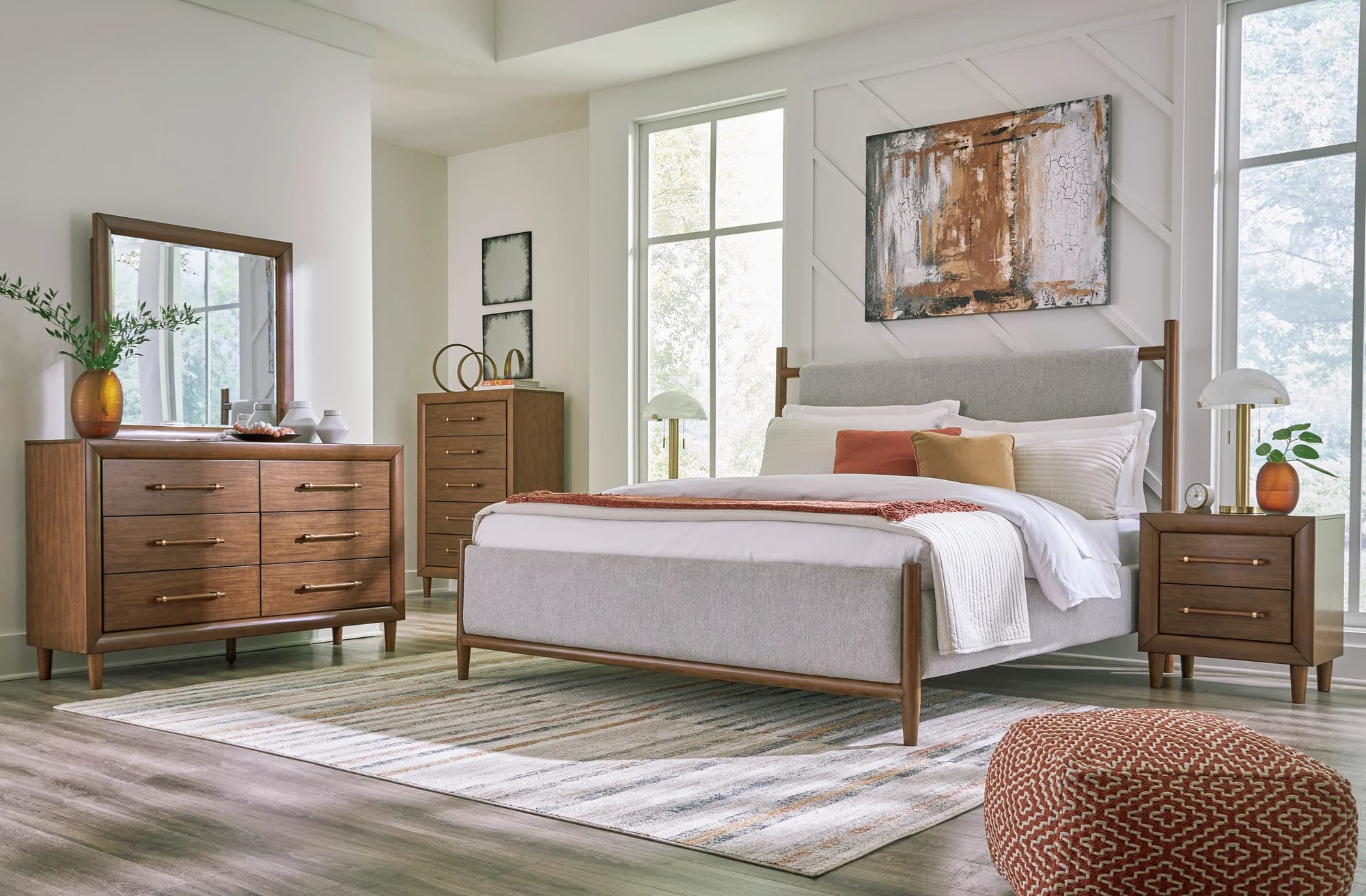 Lyncott Brown Upholstered 4-Piece Panel Bedroom Set - Image 1