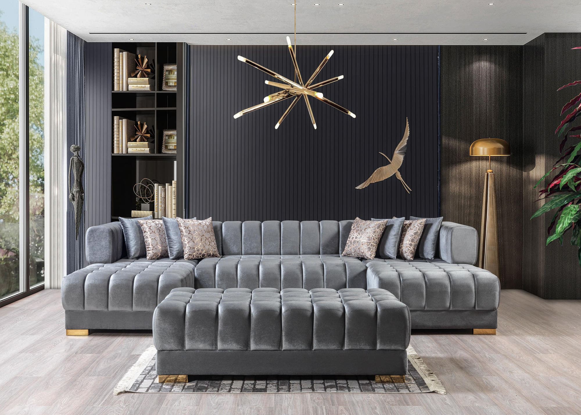 Mia Gray Velvet Double Chaise Sectional - Image 1