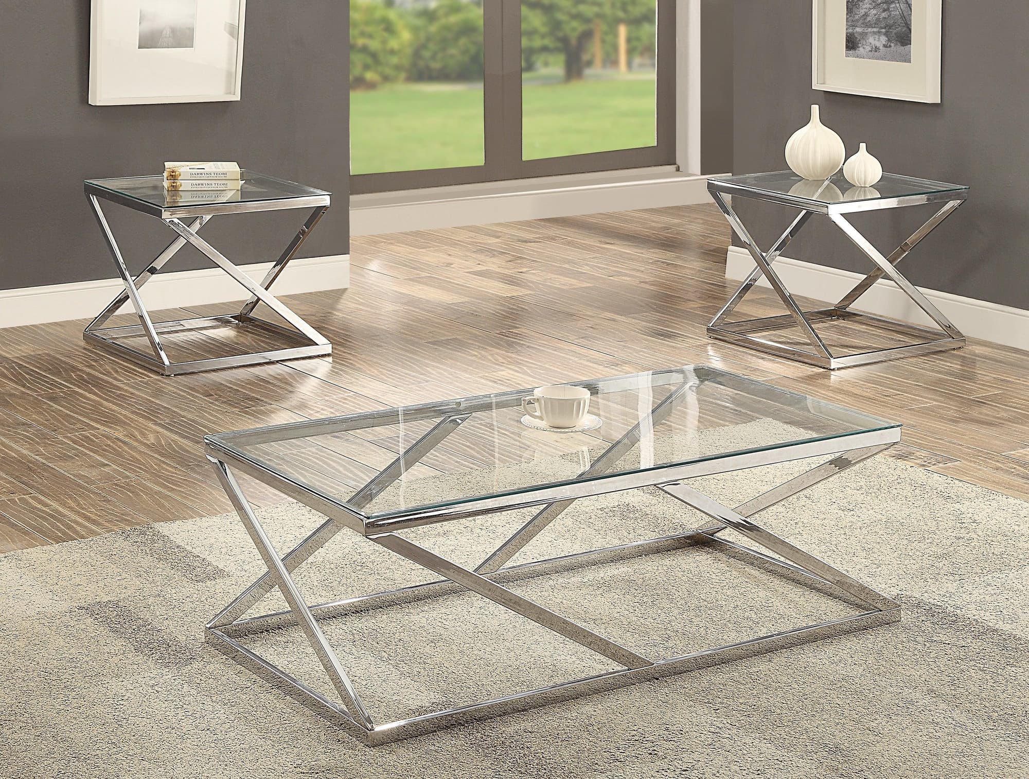 Chase Silver Glass 3-Piece Coffee Table Set