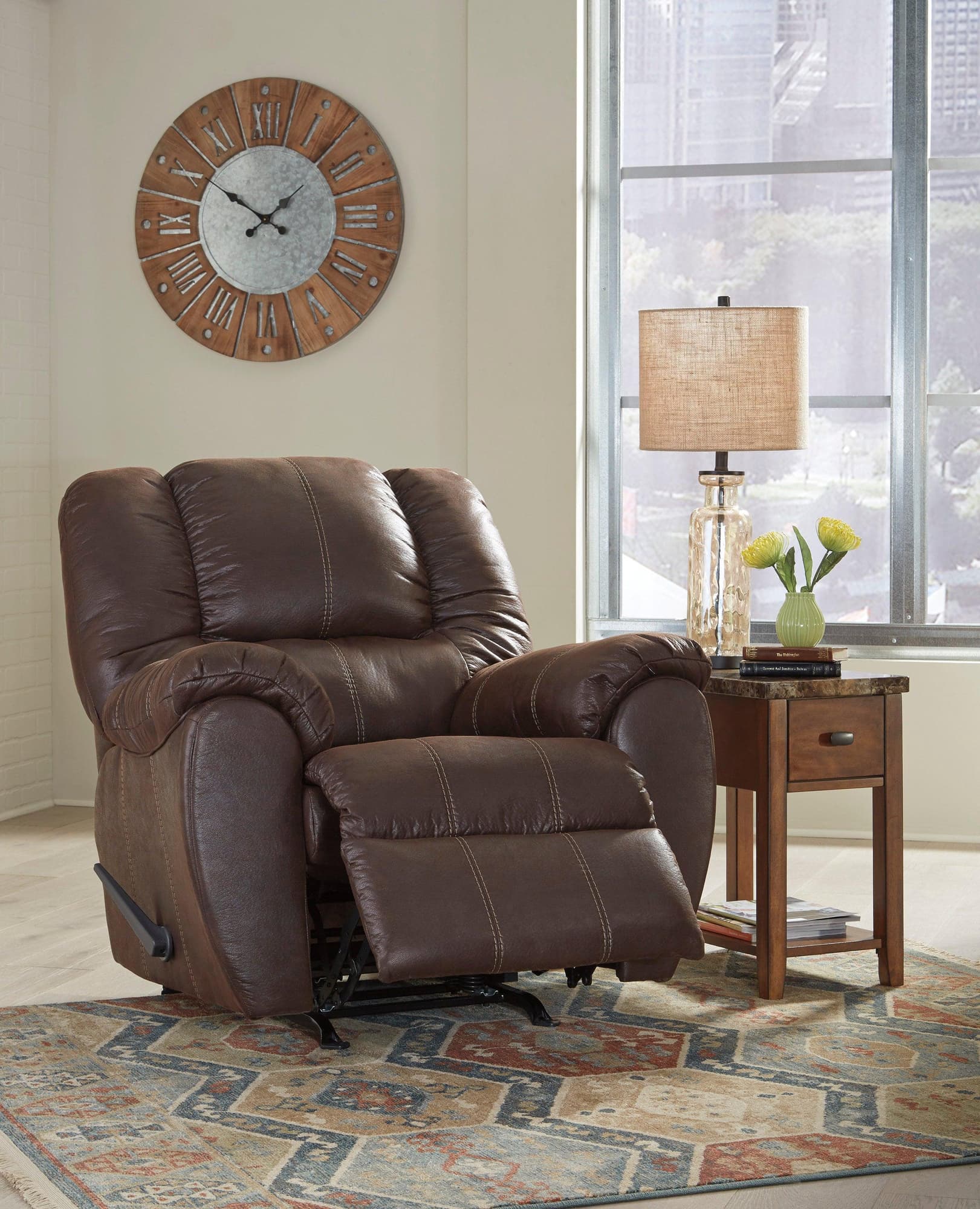 Ashley Walnut Rocker Base Exterior Hle Pillow Arm Rocker Recliner