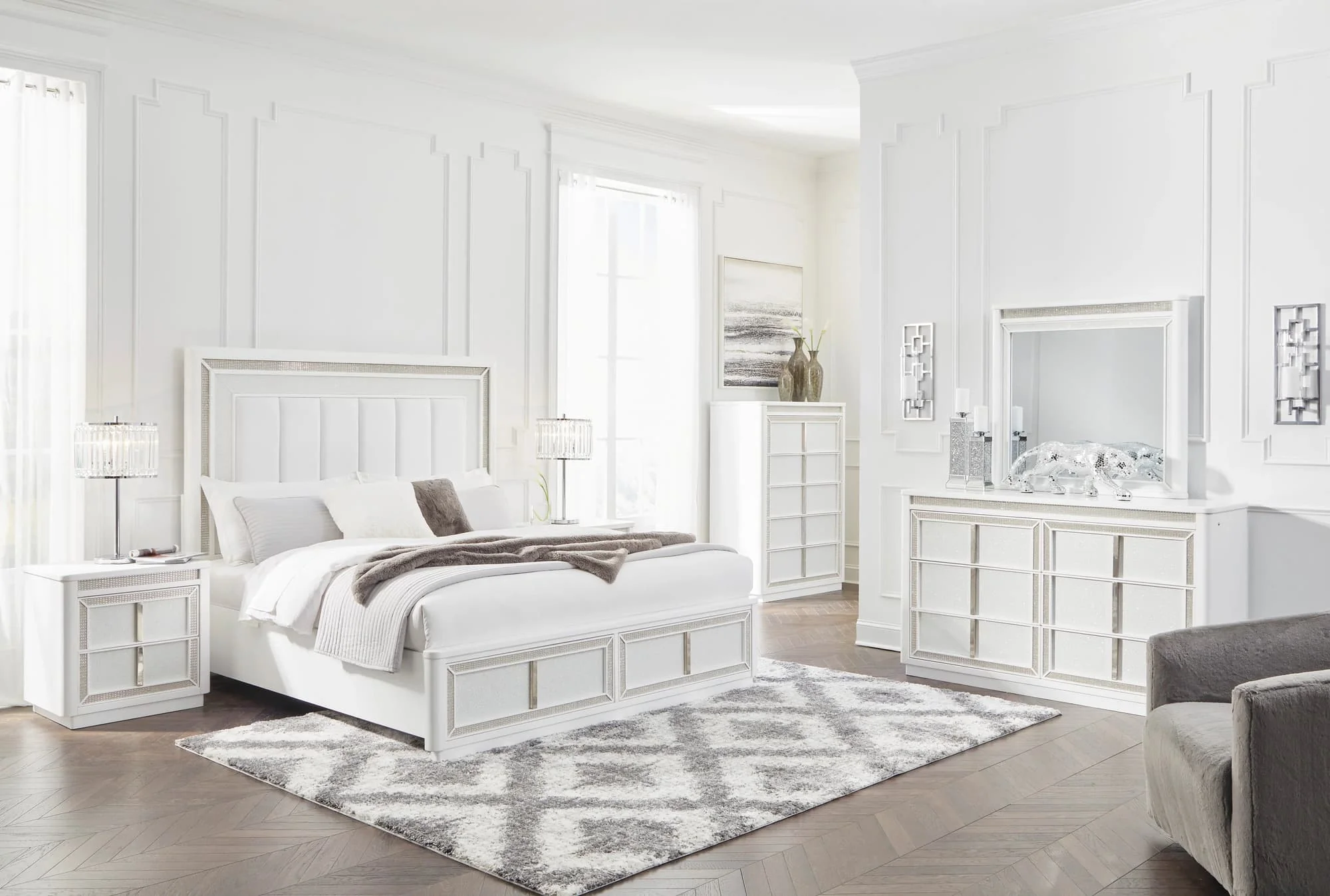 Chalanna White Upholstered Storage Platform Bedroom Set - Image 1