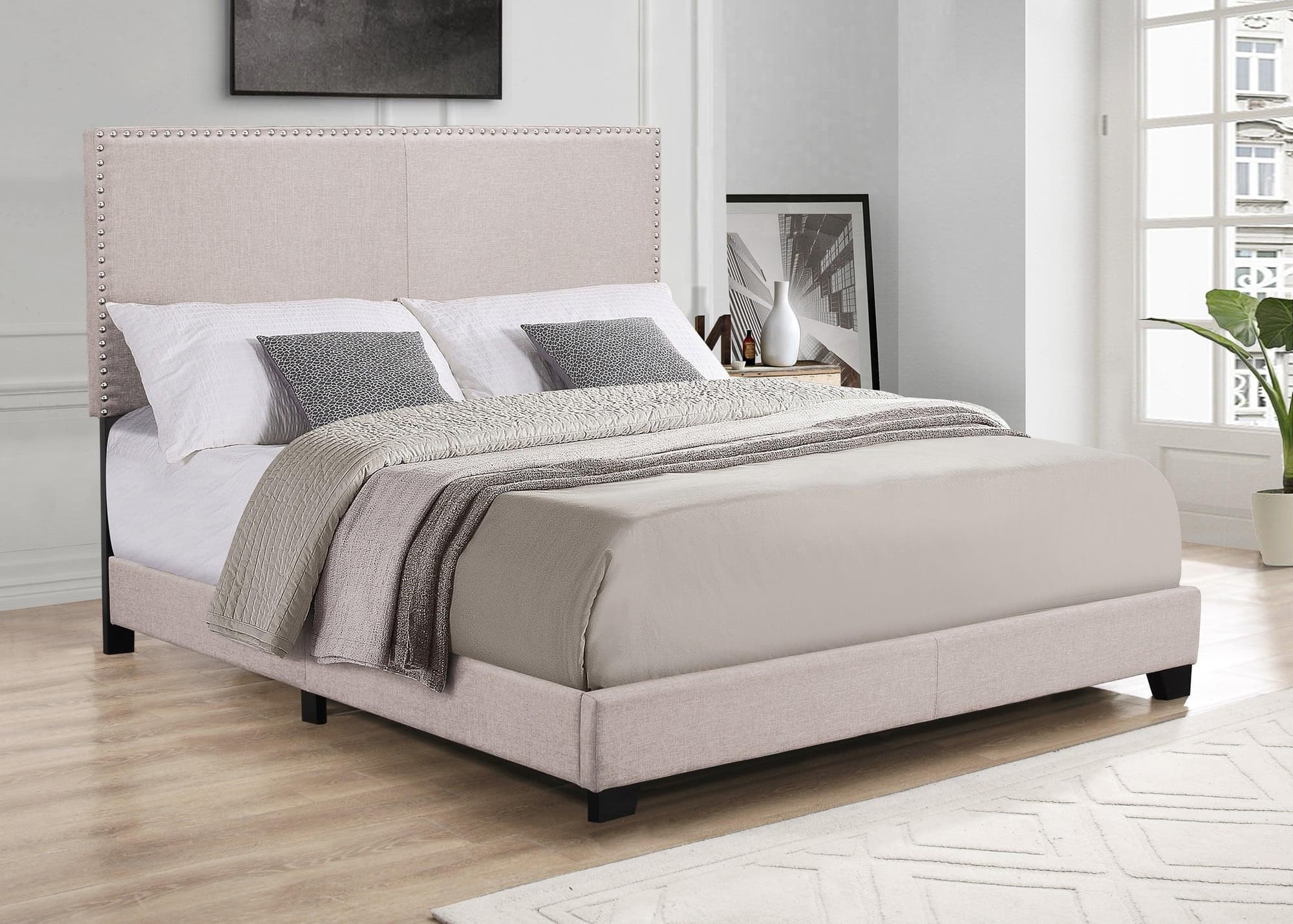 Sand Beige Fabric Upholstered Panel Twin Bed - Image 1