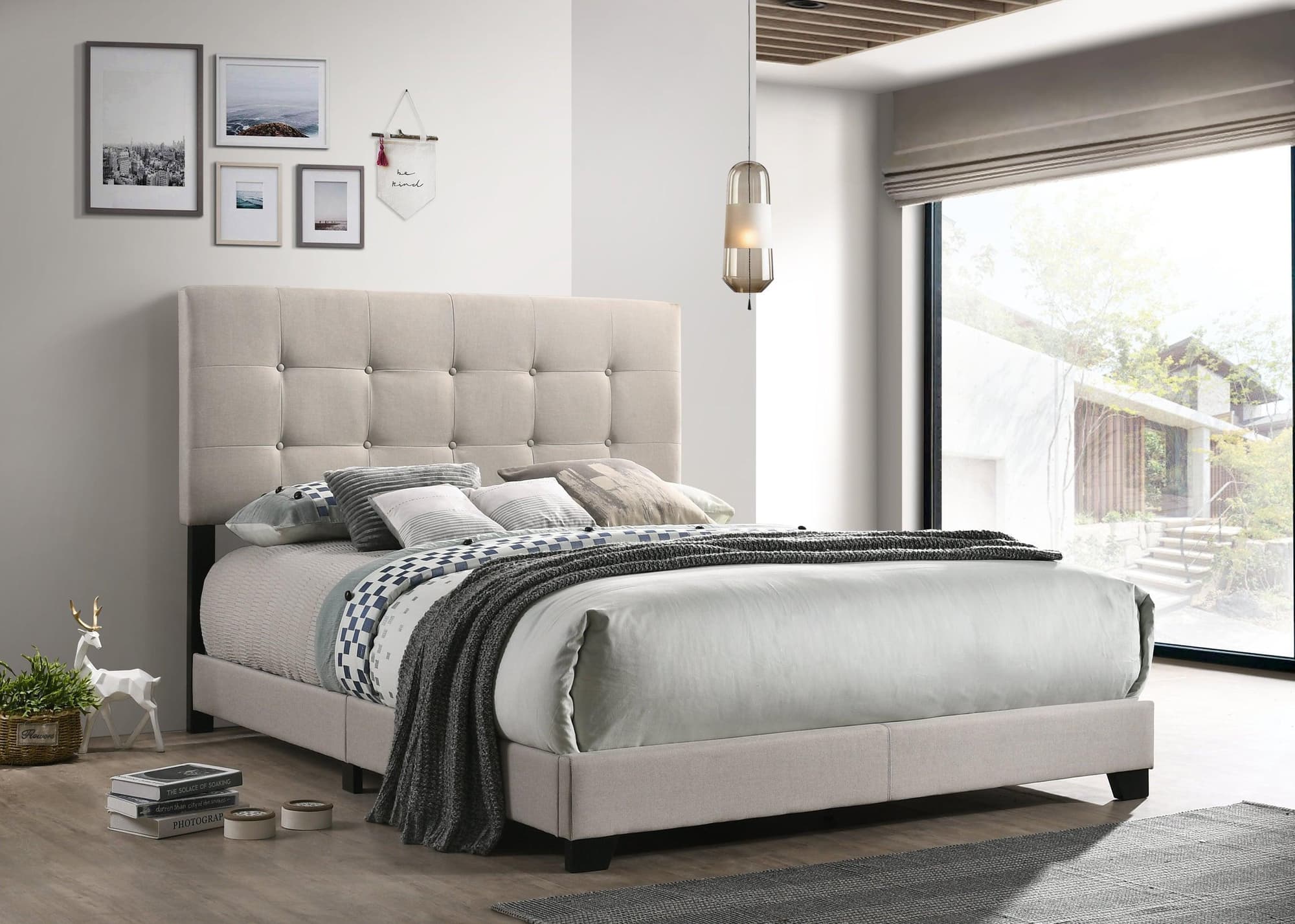 Mollai Beige Cream Fabric Upholstered Tufted Panel Twin Bed - Image 1