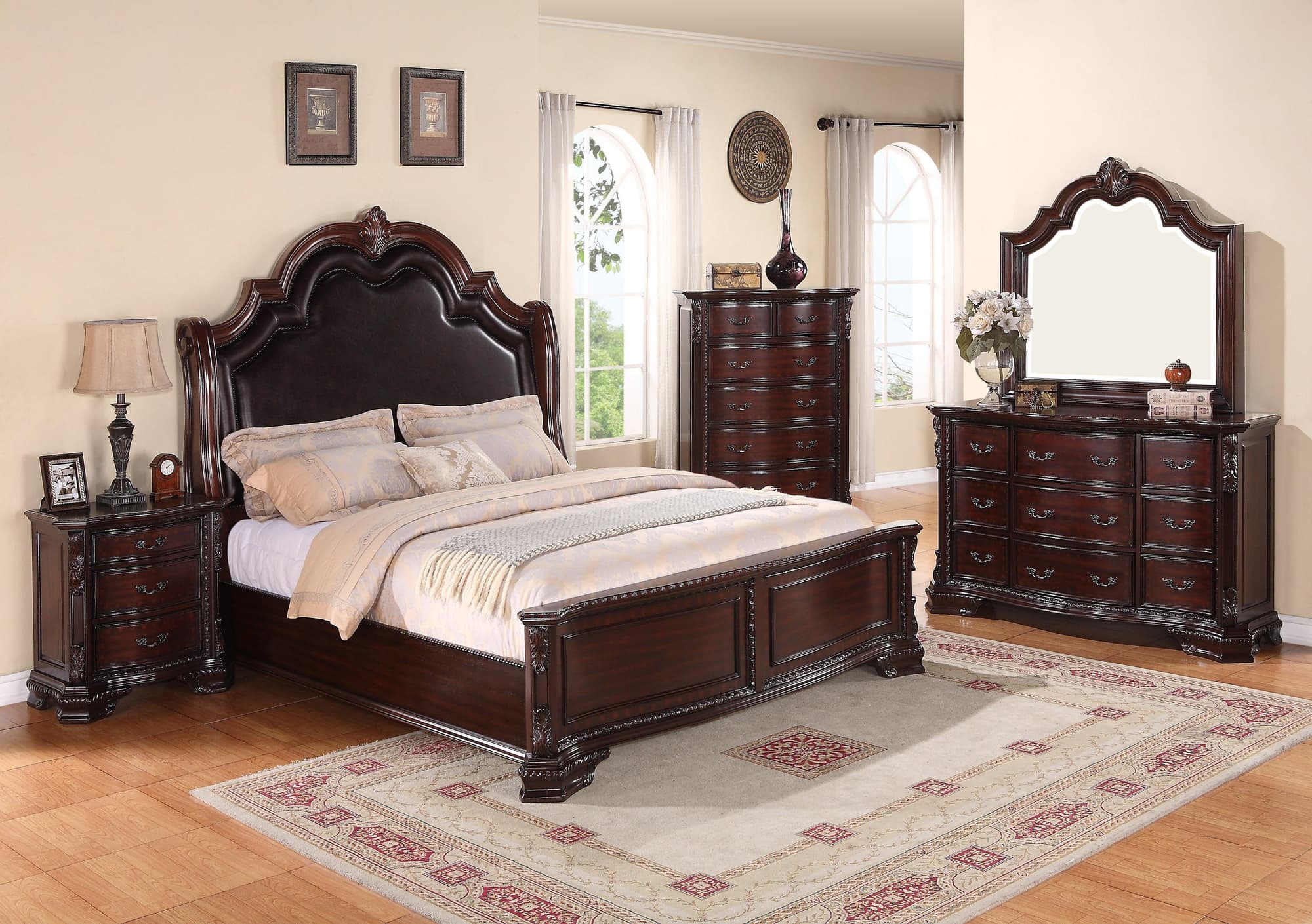 Sheffield Rich Brown Dark Cherry Faux Leather Upholstered Panel Bedroom Set