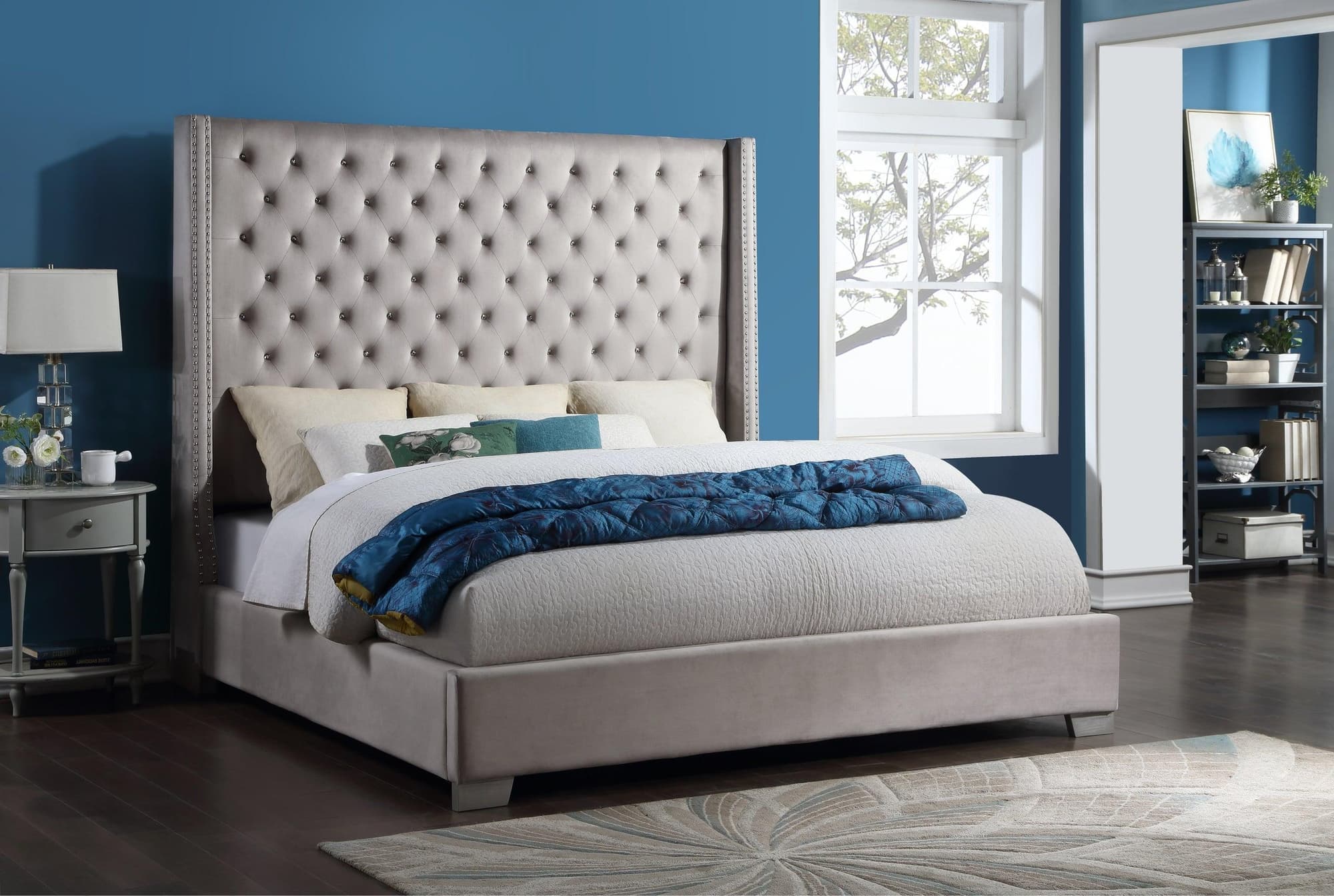 Silver Velvet Upholstered Tufted Queen Bed - Image 1