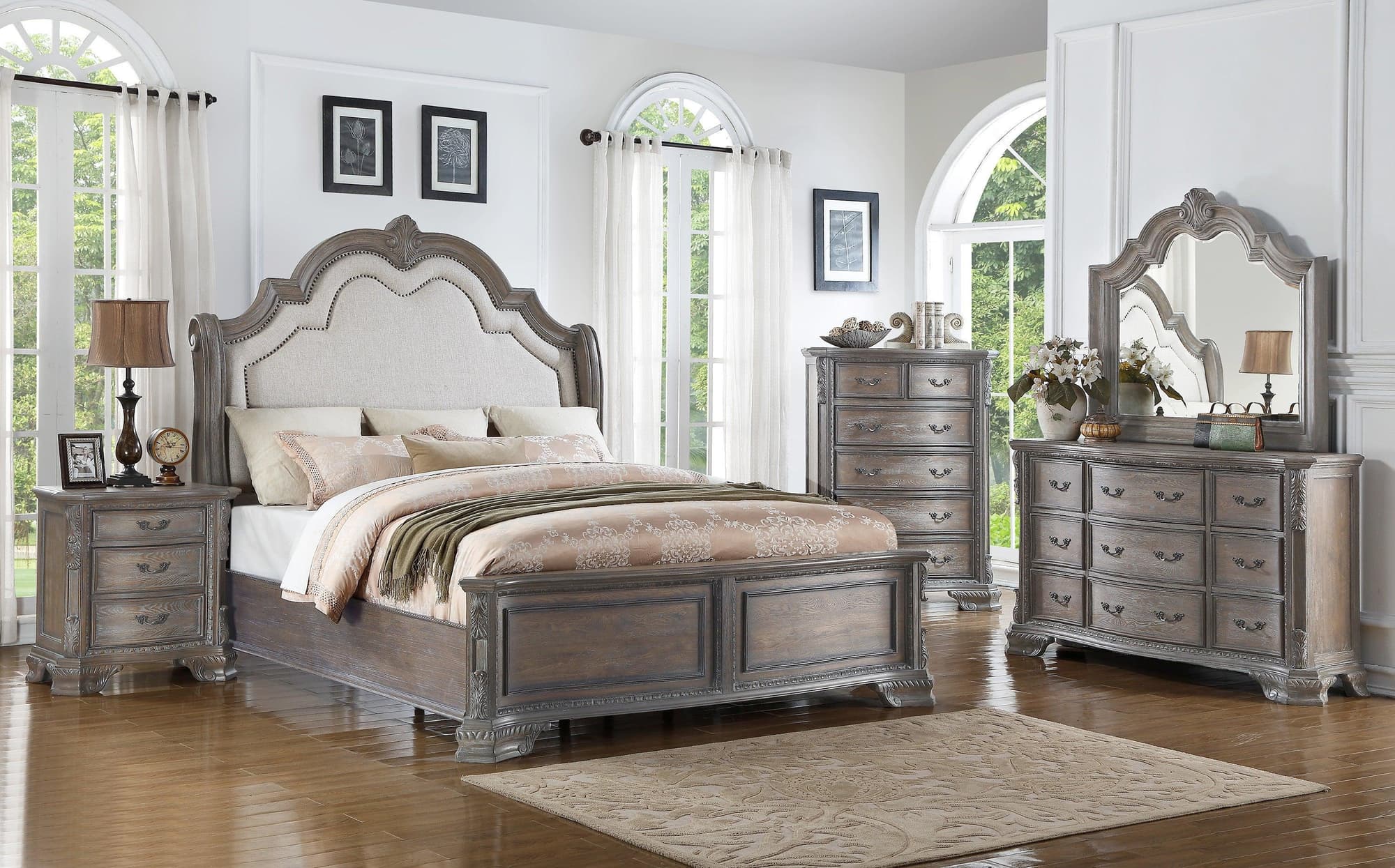 Sheffield Antique Gray Fabric Upholstered Panel Bedroom Set - Image 1