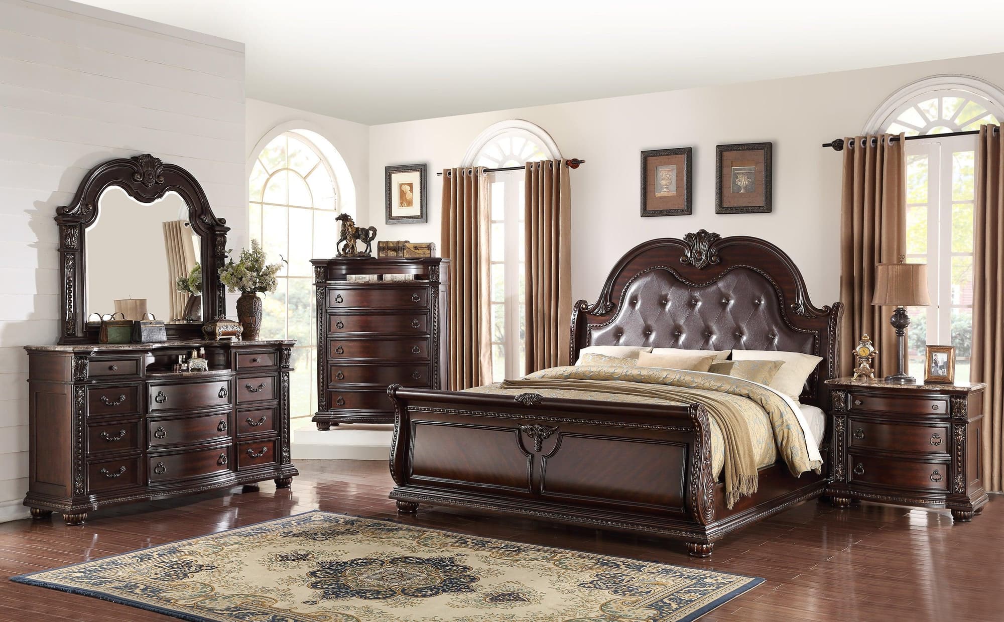 Stanley Cherry Brown Fabric Upholstered Tufted Sleigh Bedroom Set - Image 1