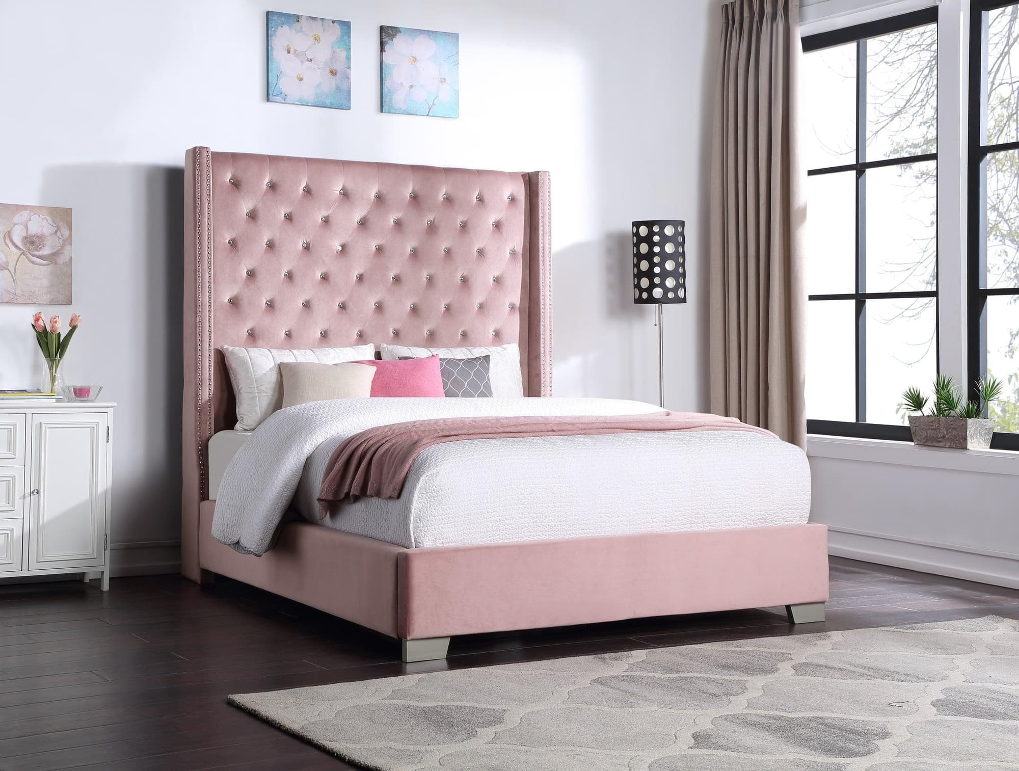 Pink Velvet Upholstered Tufted King Bed - Image 1
