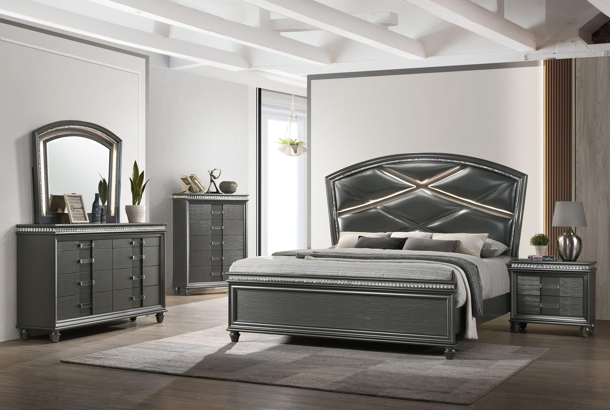 Adira Gray LED Faux Leather Upholstered Panel Bedroom Set