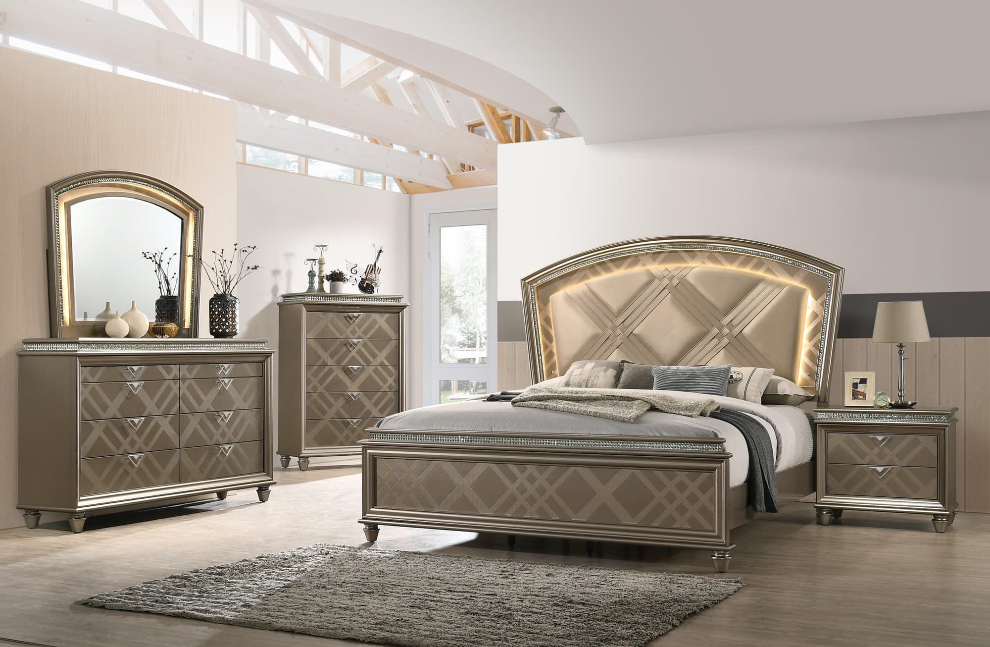Cristal Gold LED Faux Leather Upholstered Panel Bedroom Set - Image 1