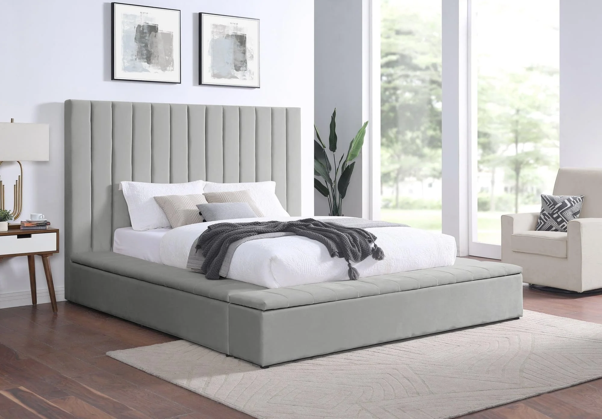 France Gray Velvet Upholstered Storage Platform Queen Bed - Image 1