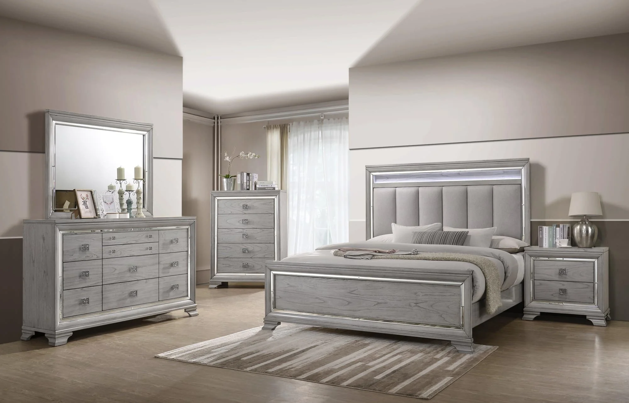 Vail Gray LED Fabric Upholstered Panel Bedroom Set - Image 1