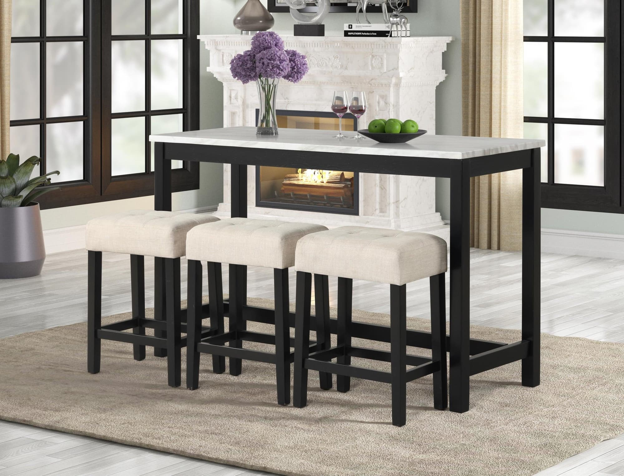 Gloria White Pub Table + 3 Fabric Chair Set - Image 1