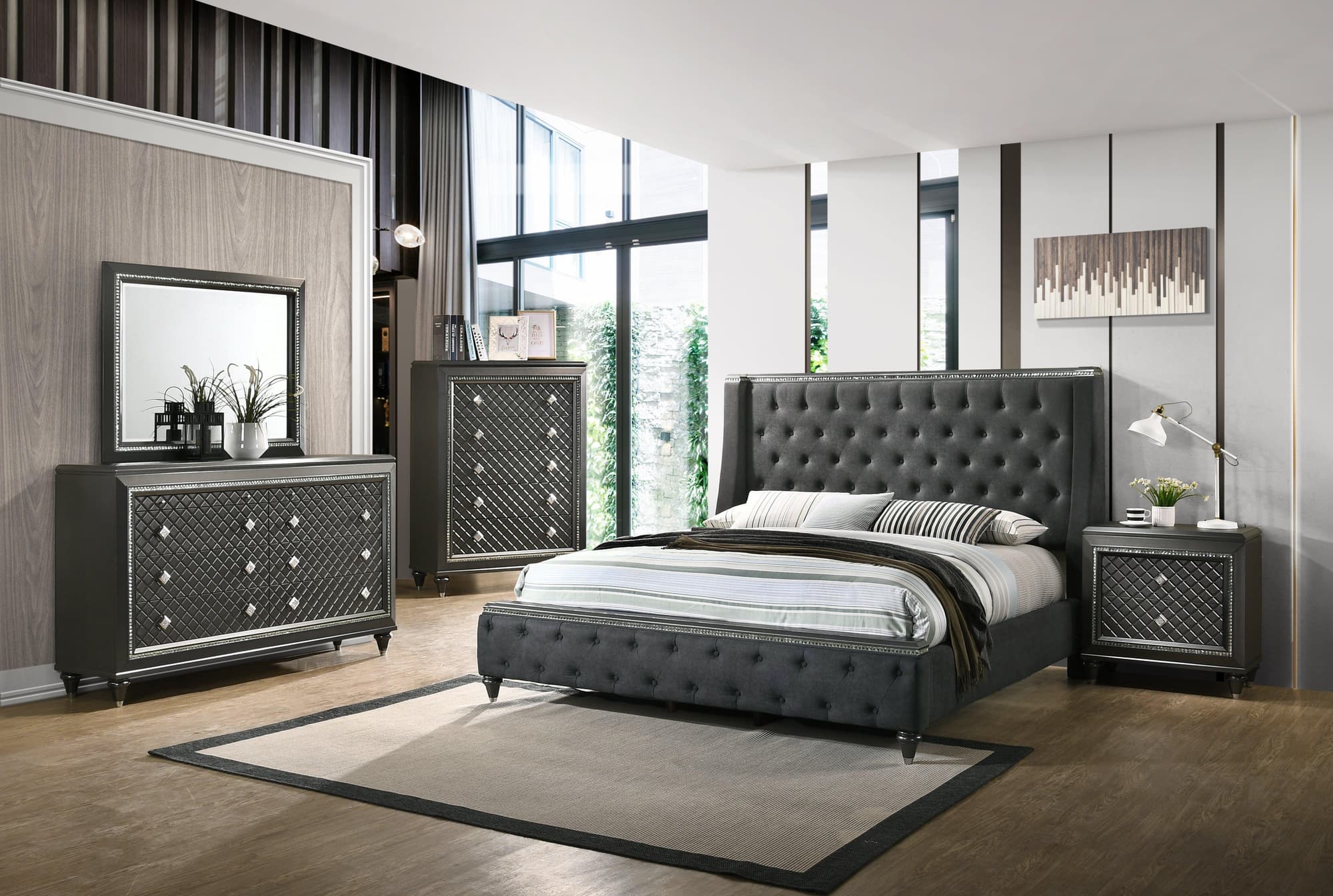 Giovani Gray Fabric Upholstered Tufted Panel Bedroom Set - Image 1