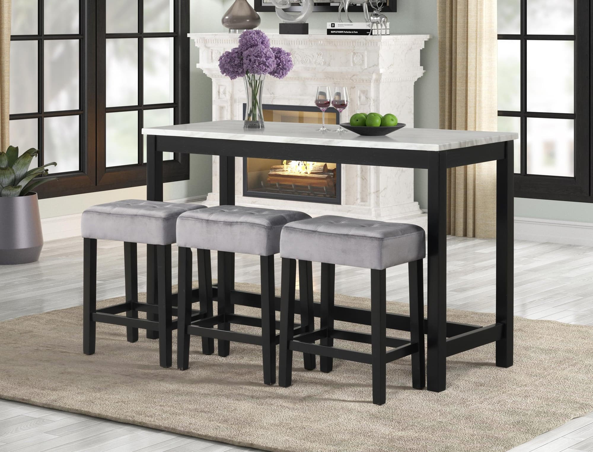Gloria Gray Pub Table + 3 Velvet Chair Set - Image 1