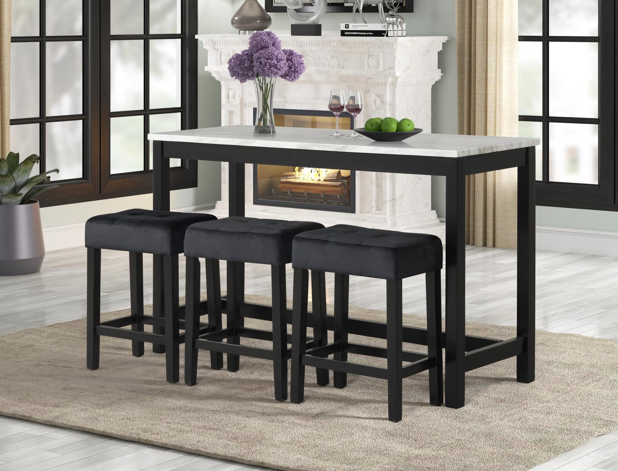 Gloria Black Pub Table + 3 Velvet Chair Set - Image 1