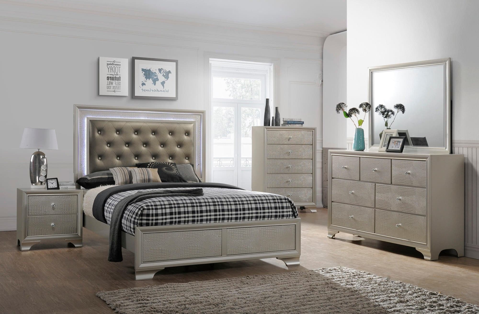 Lyssa Champagne LED Upholstered Tufted Panel Bedroom Set - Image 1