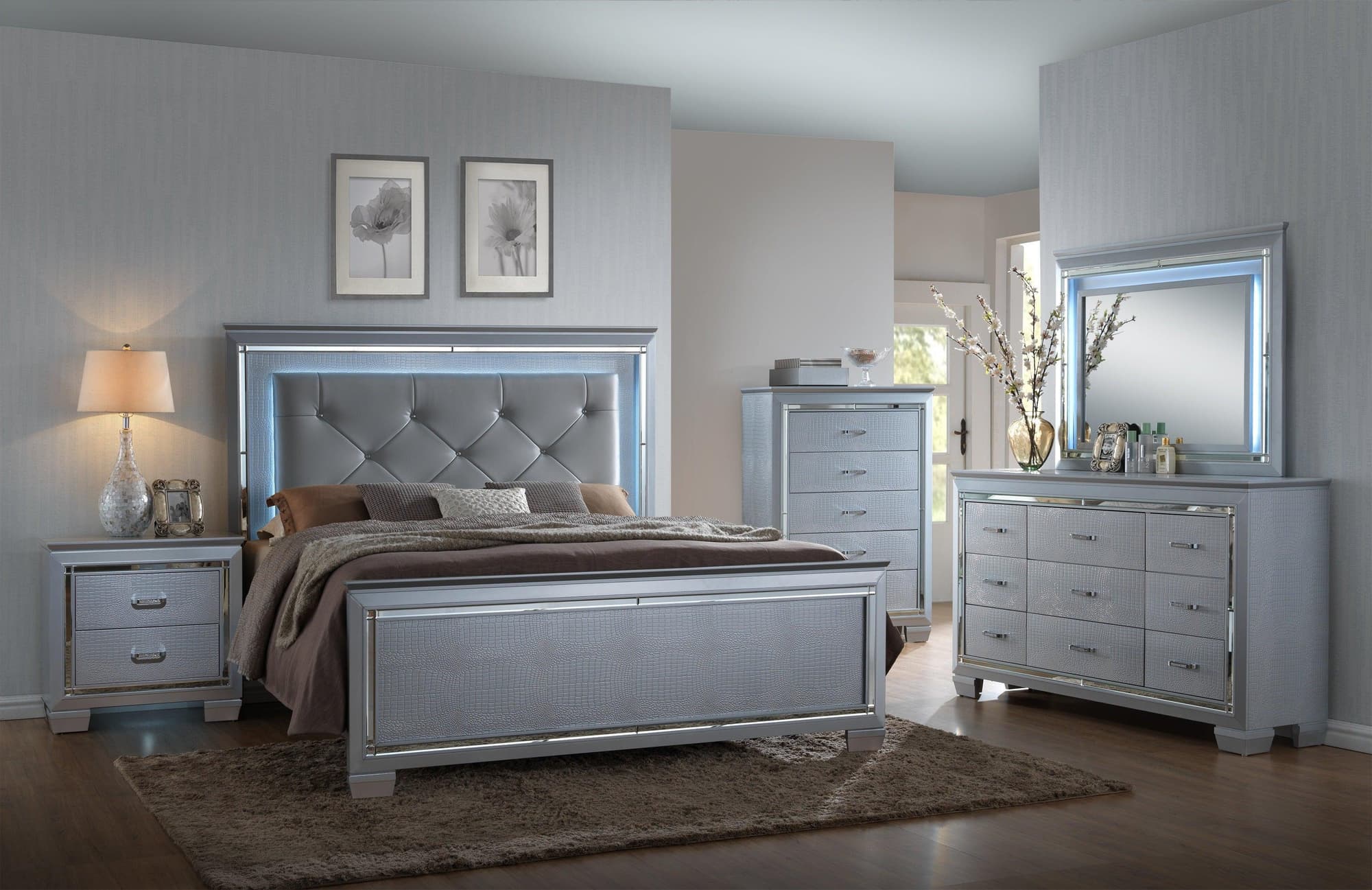 Lillian Silver LED Upholstered Tufted Panel Bedroom Set - Image 1