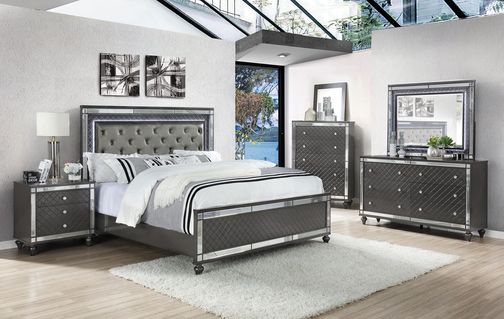 Refino Gray LED Fabric Upholstered Tufted Panel Bedroom Set - Image 1