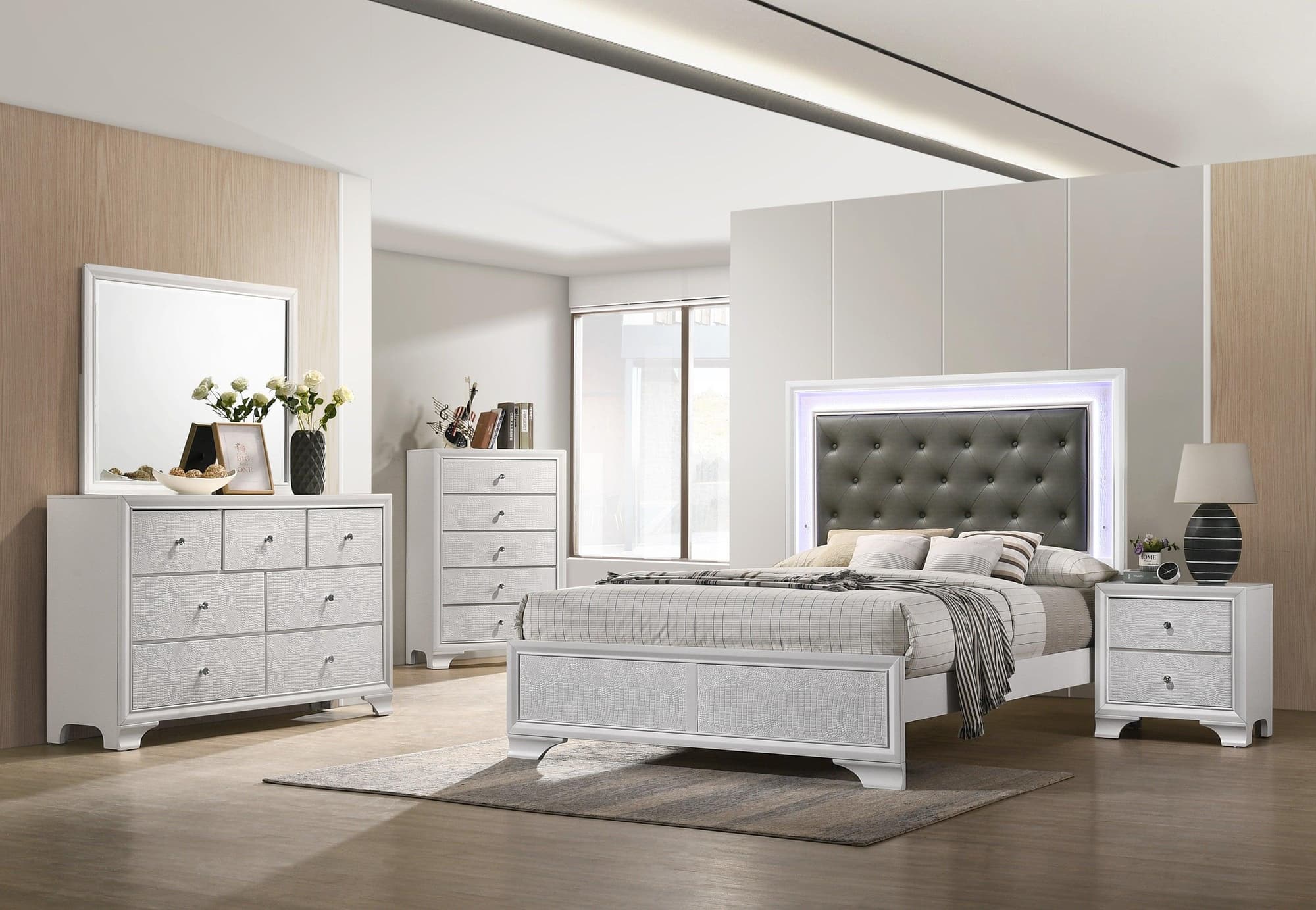 Lyssa Frost LED Faux Leather Upholstered Tufted Panel Bedroom Set - Image 1