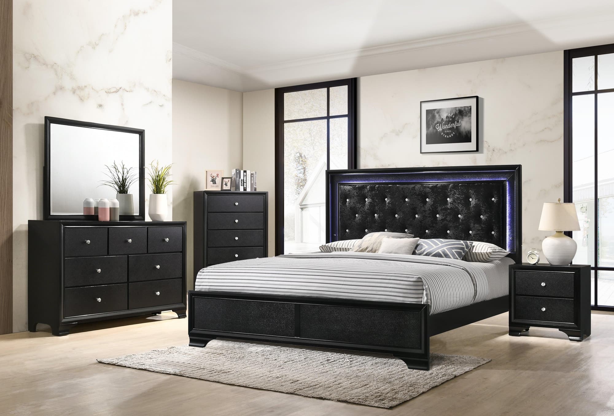 Micah Black LED Fabric Upholstered Tufted Panel Bedroom Set - Image 1