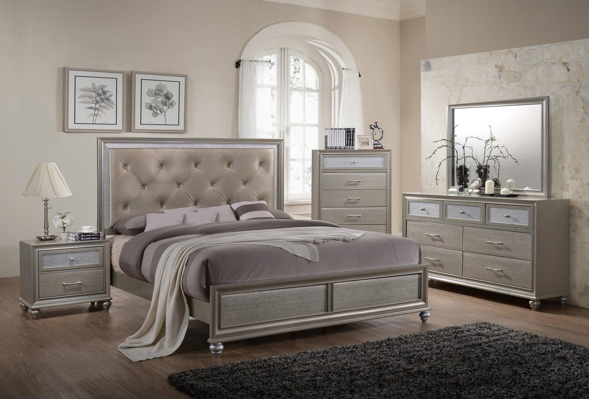 Lila Champagne Faux Leather Upholstered Tufted Panel Bedroom Set - Image 1