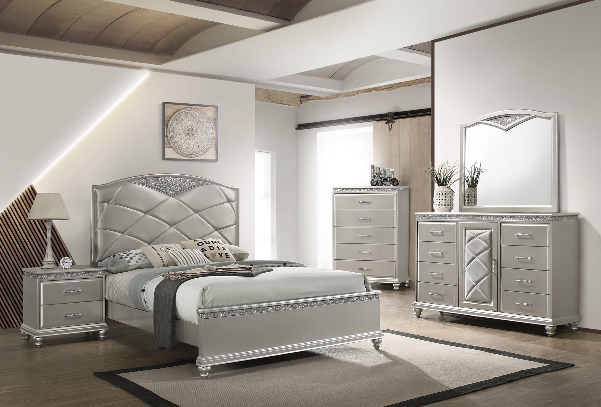 Valiant Champagne Silver Faux Leather Upholstered Tufted Panel Bedroom Set - Image 1