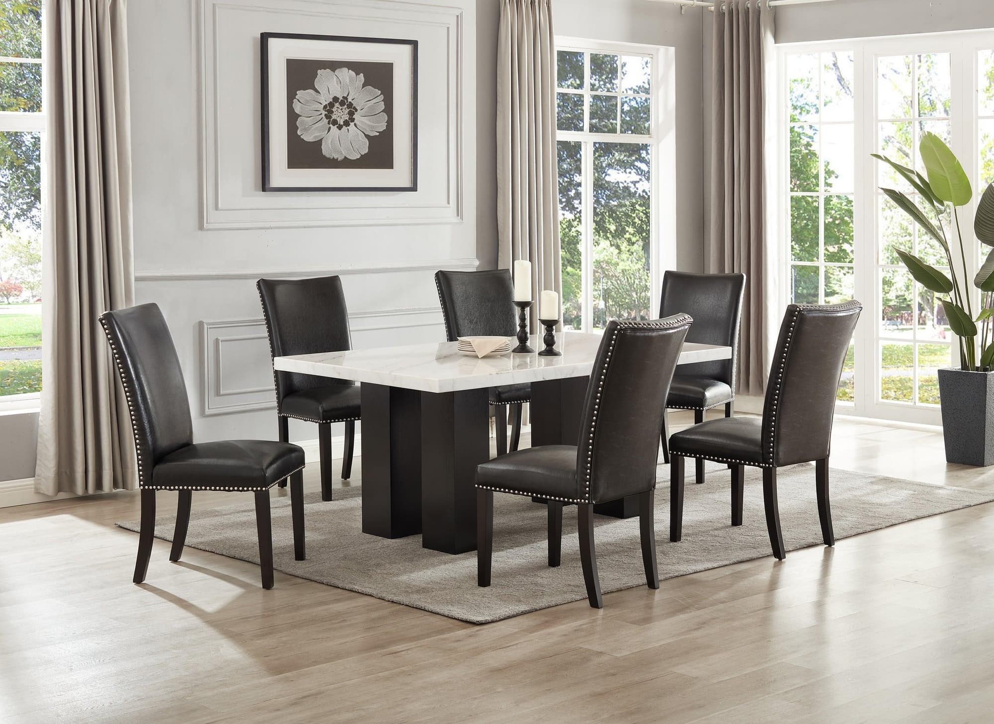 Finl Black PU Parsons Faux Leather Genuine Marble Dining Room Set - Image 1