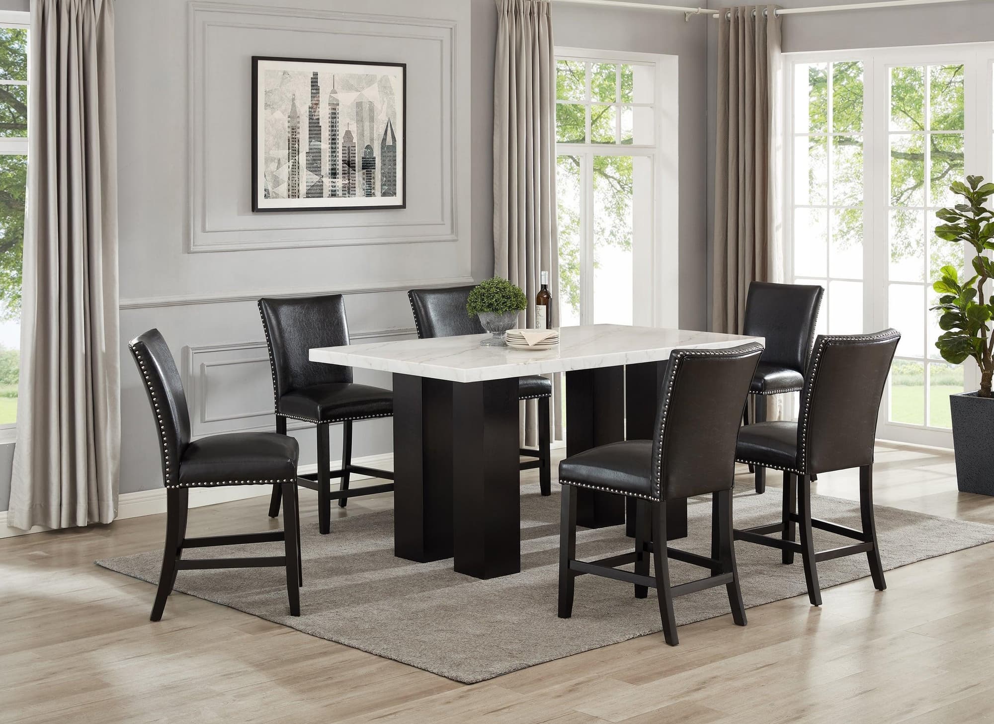 Finley Black Faux Leather Genuine Marble Counter Height Set - Image 1