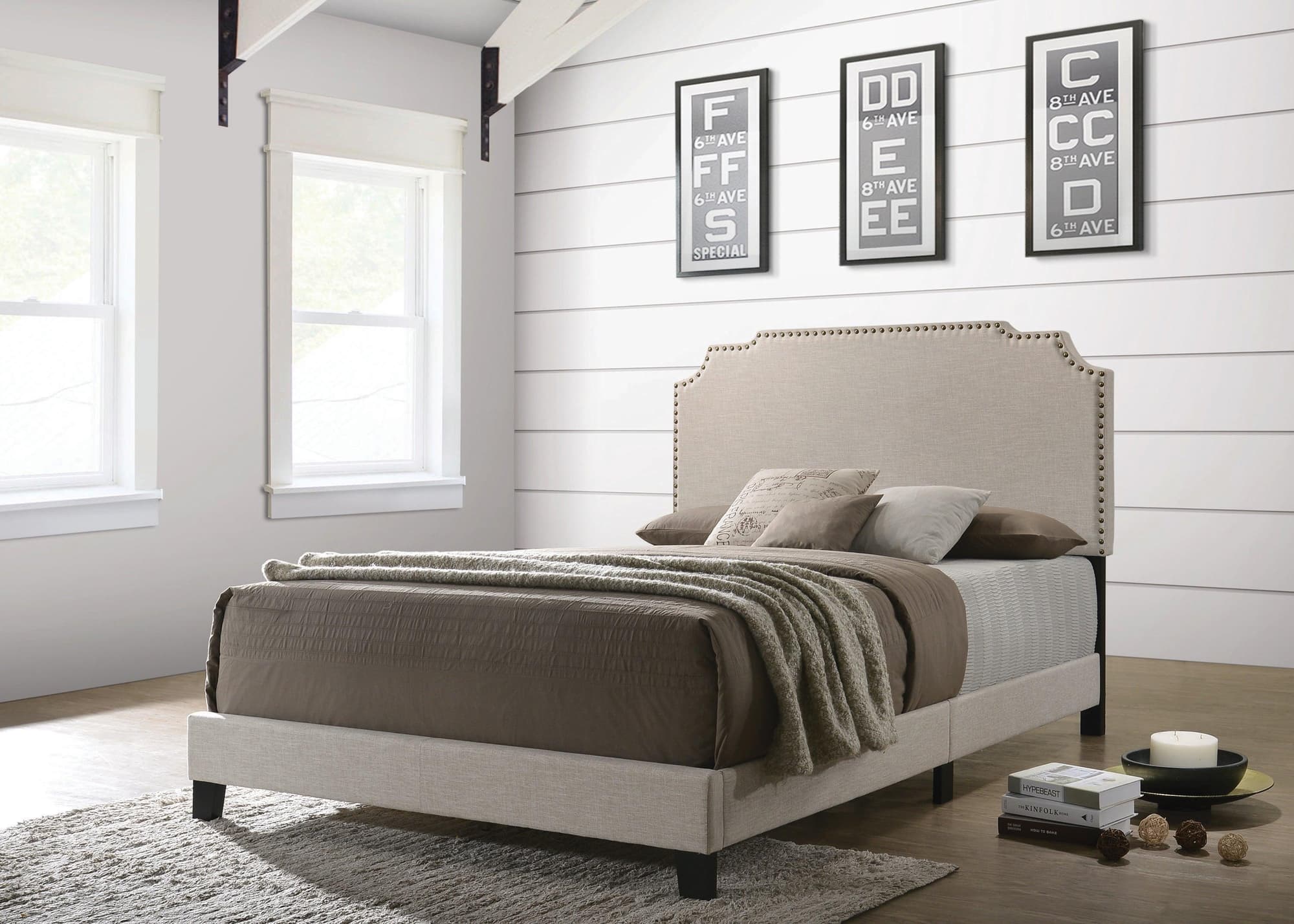 Tamarac Upholstered Nailhead Queen Bed Beige - Image 1