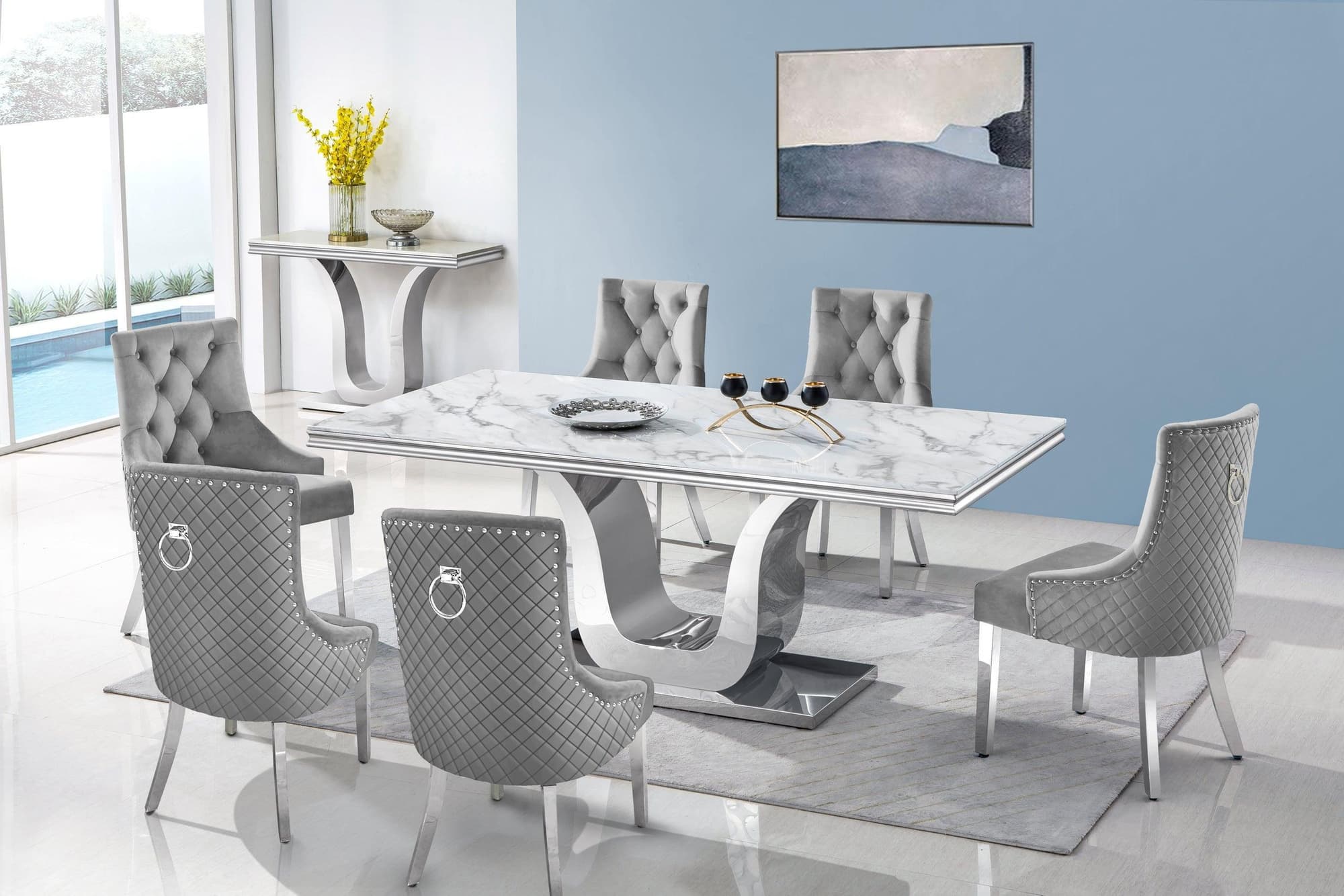 Gray Genuine Marble Faux Leather Fabric Dining Room Set - Image 1