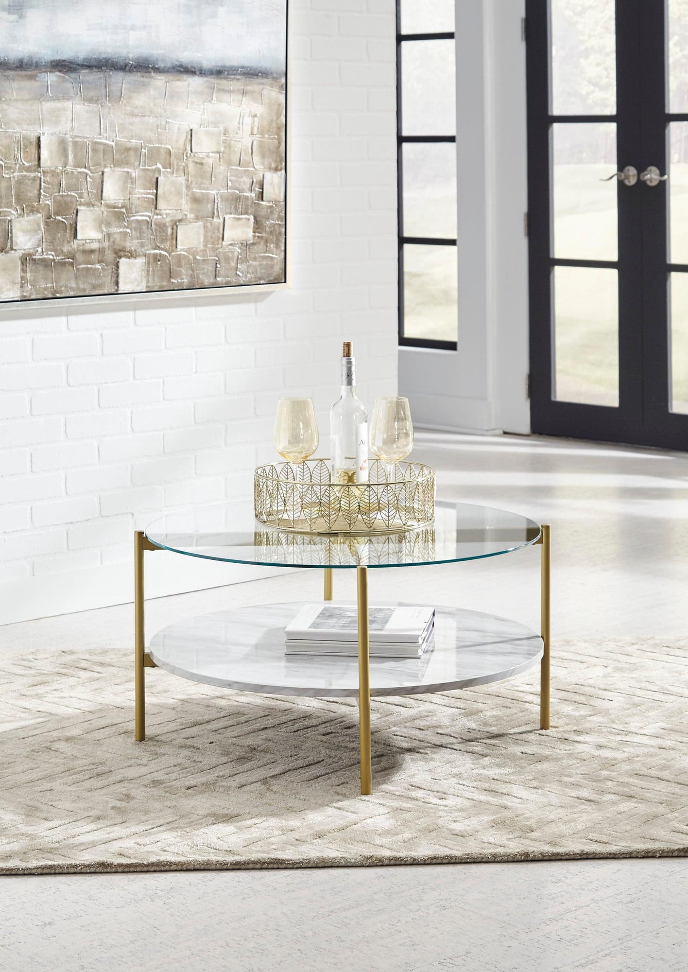 Wynora Gold White Glass Marble Round Cocktail Table - Image 1