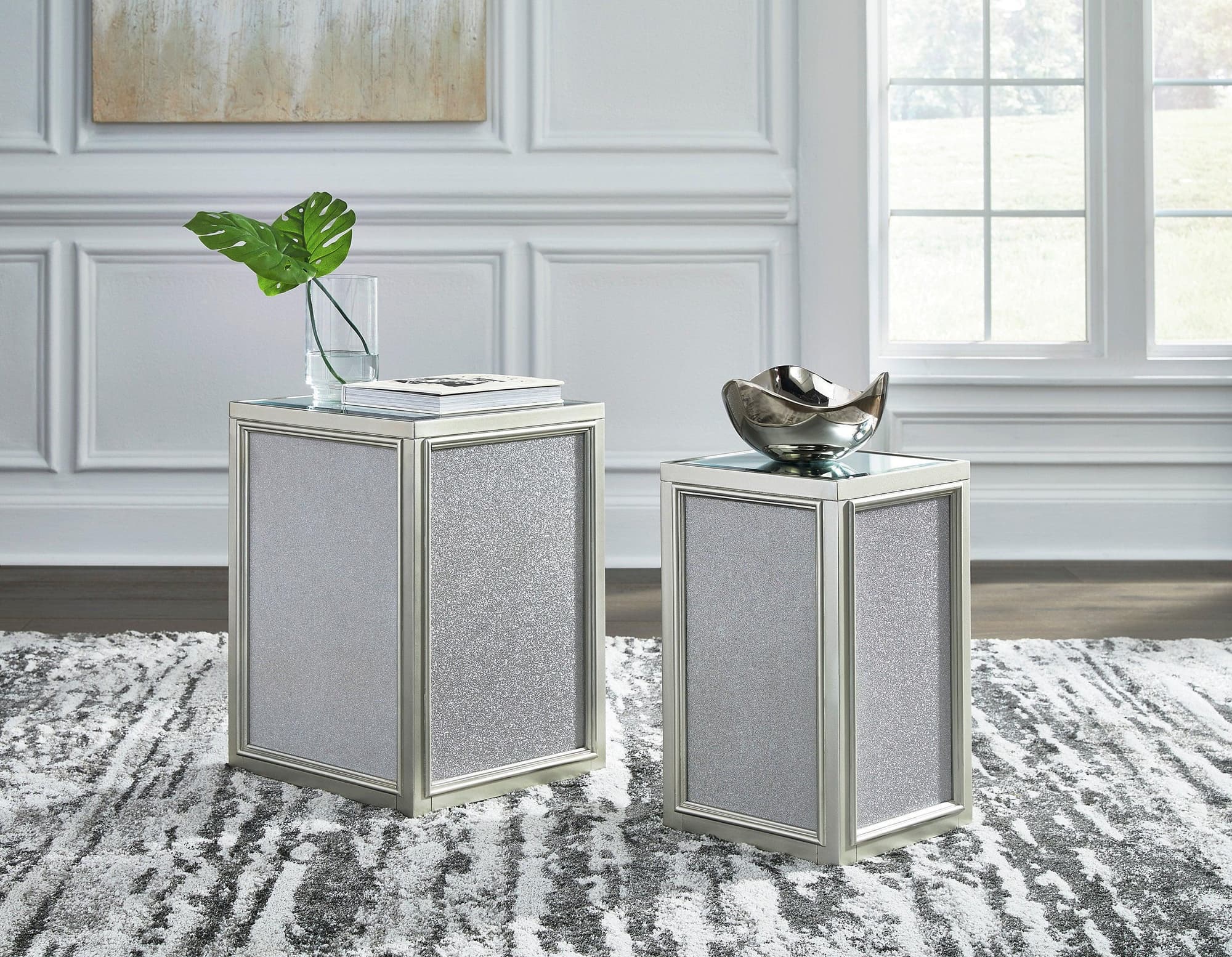 Traleena Silver Glass Rectangular Square Nesting End Table Set with Storage Mirrored - Image 1