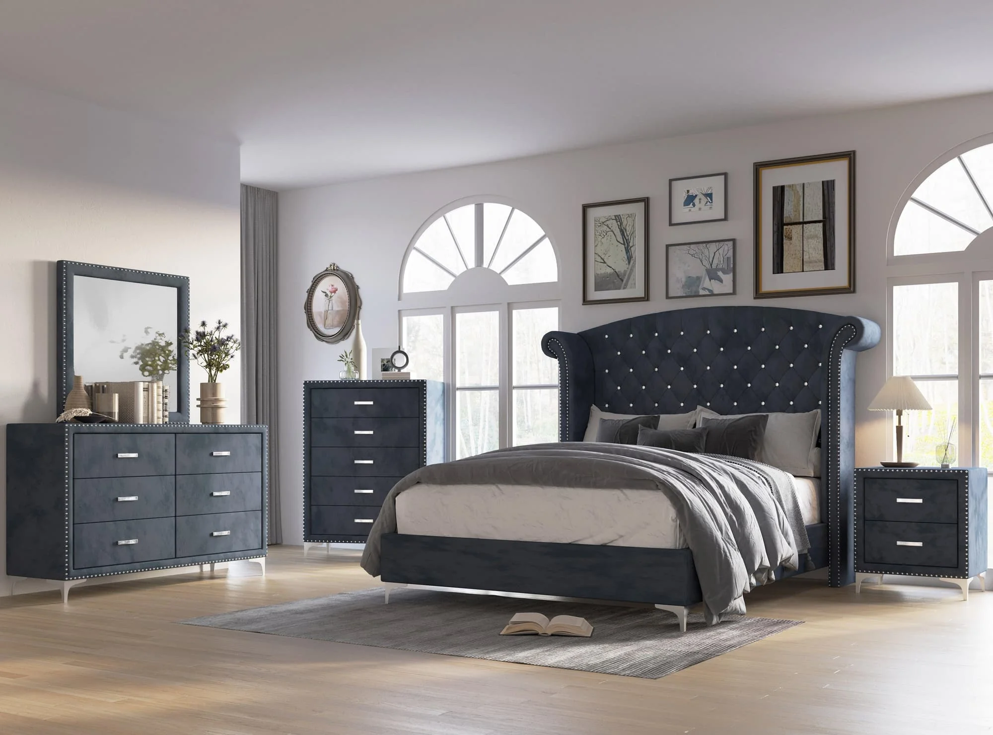 Lucinda Velvet Dark Gray Upholstered Tufted Panel Bedroom Set - Image 1