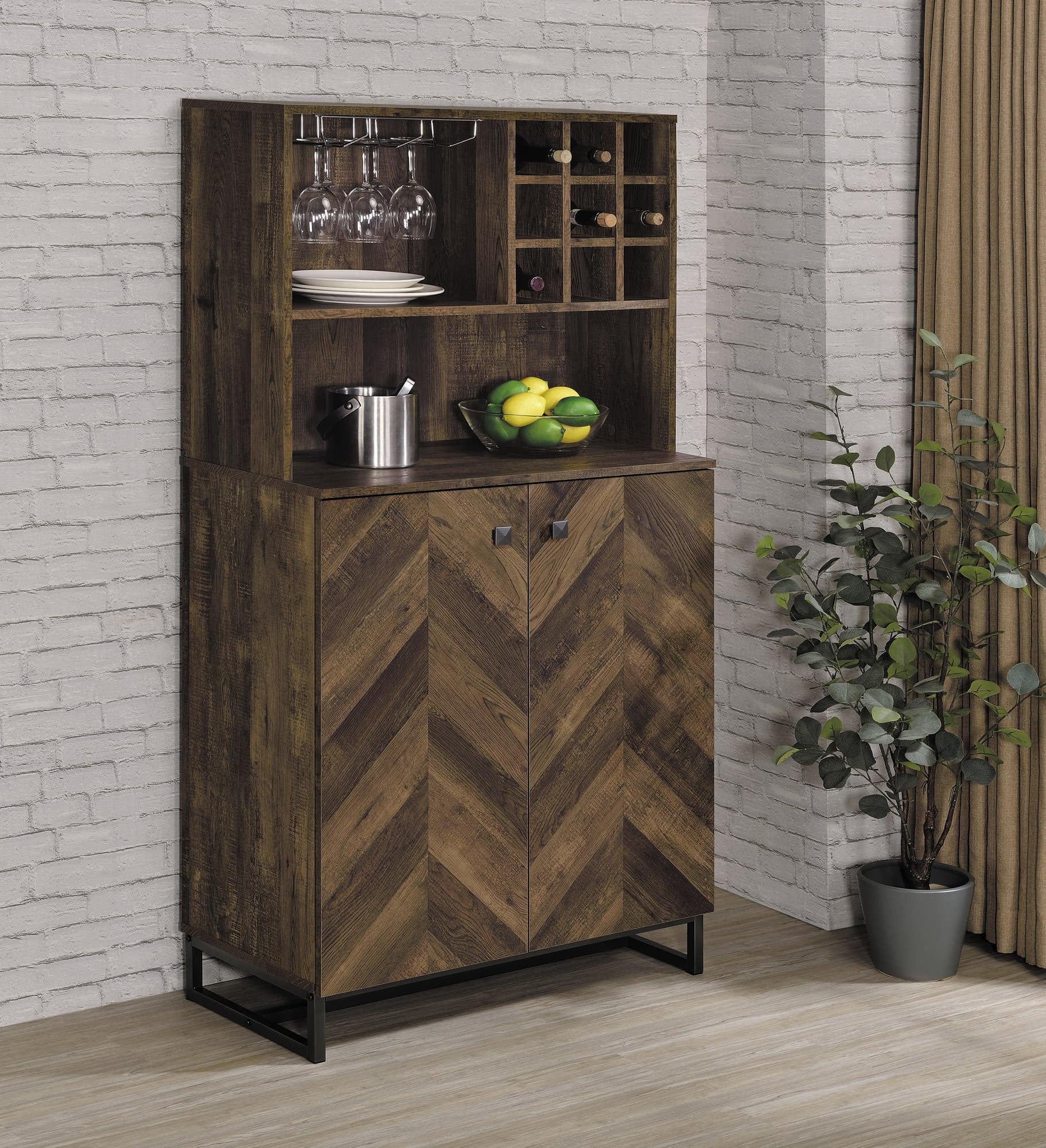 Mendoza 2 Door Wine Cabinet Rustic Oak Herringbone Gunmetal