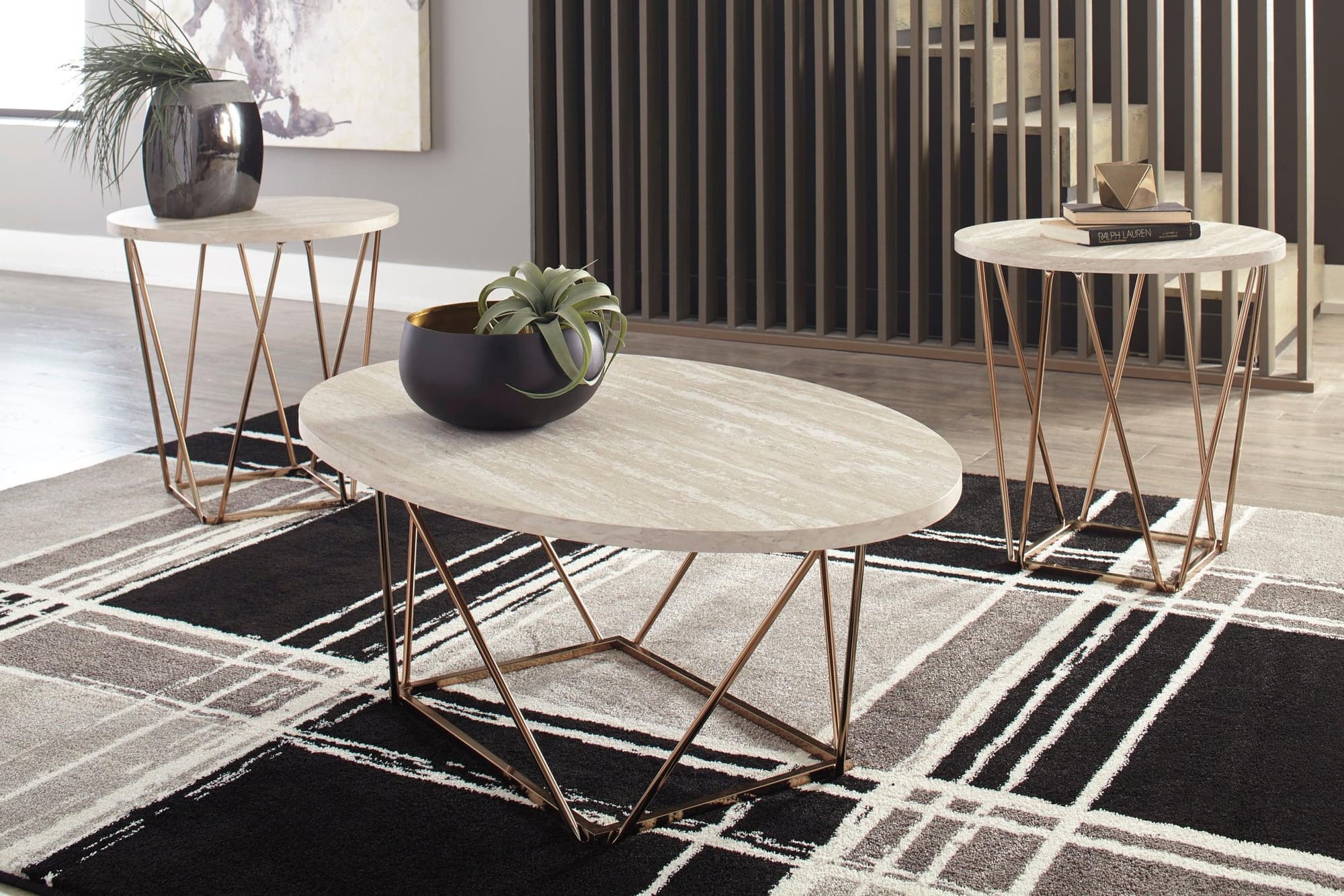 Tarica Gold White Two-tone Oval Occasional Table - Image 1