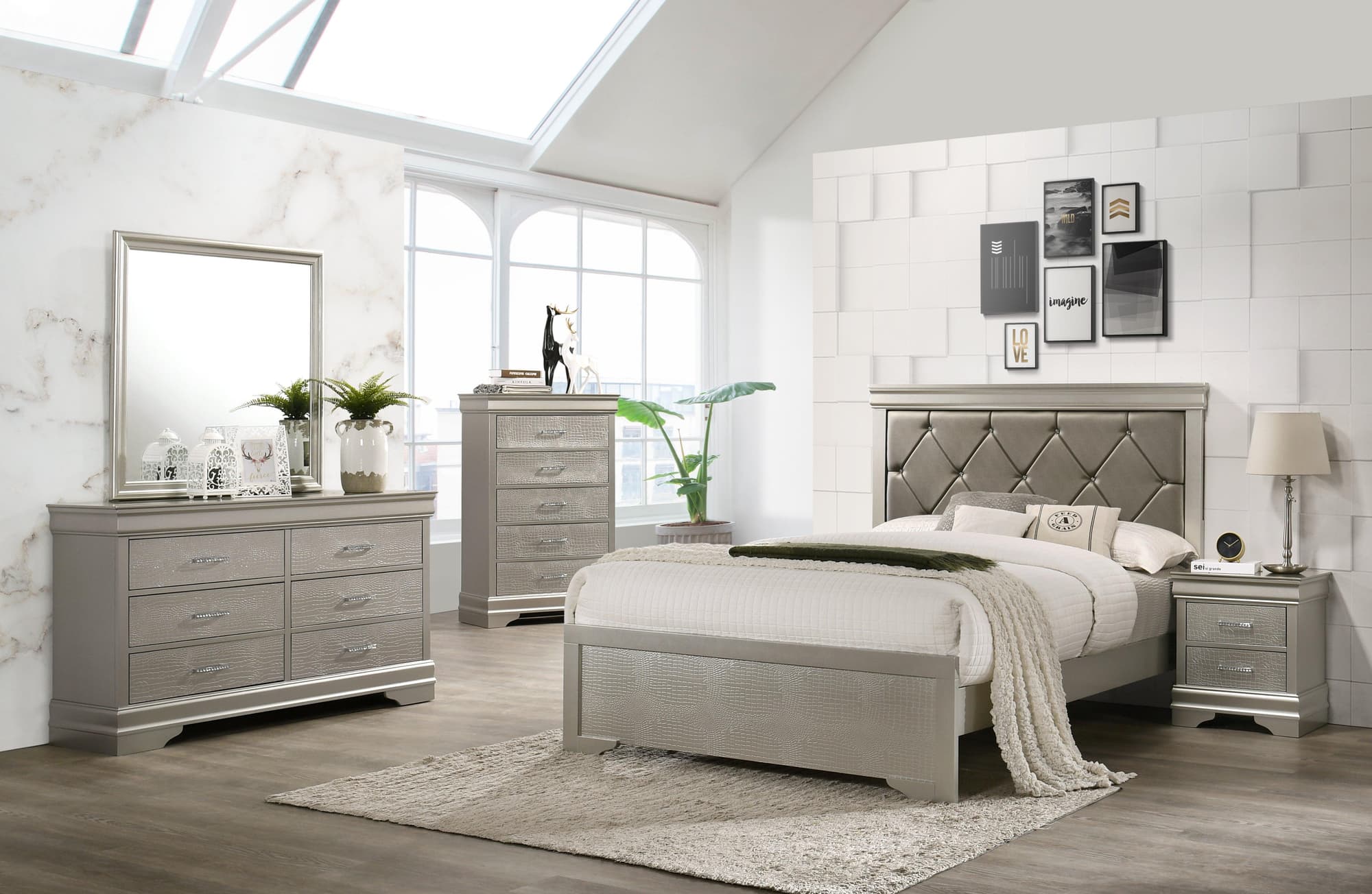 Amalia Silver Faux Leather Upholstered Tufted Panel Bedroom Set - Image 1