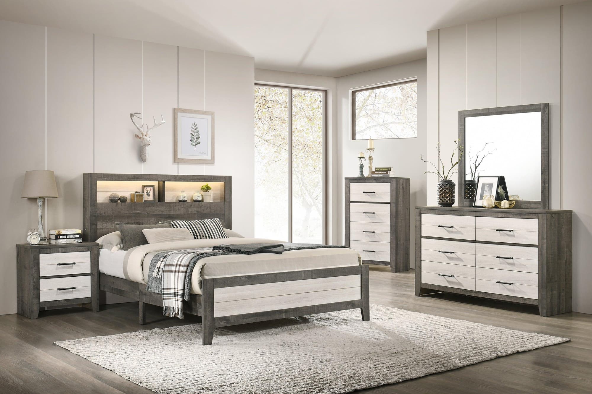 Rhett Brown Cream LED Bookcase Platform Bedroom Set - Image 1
