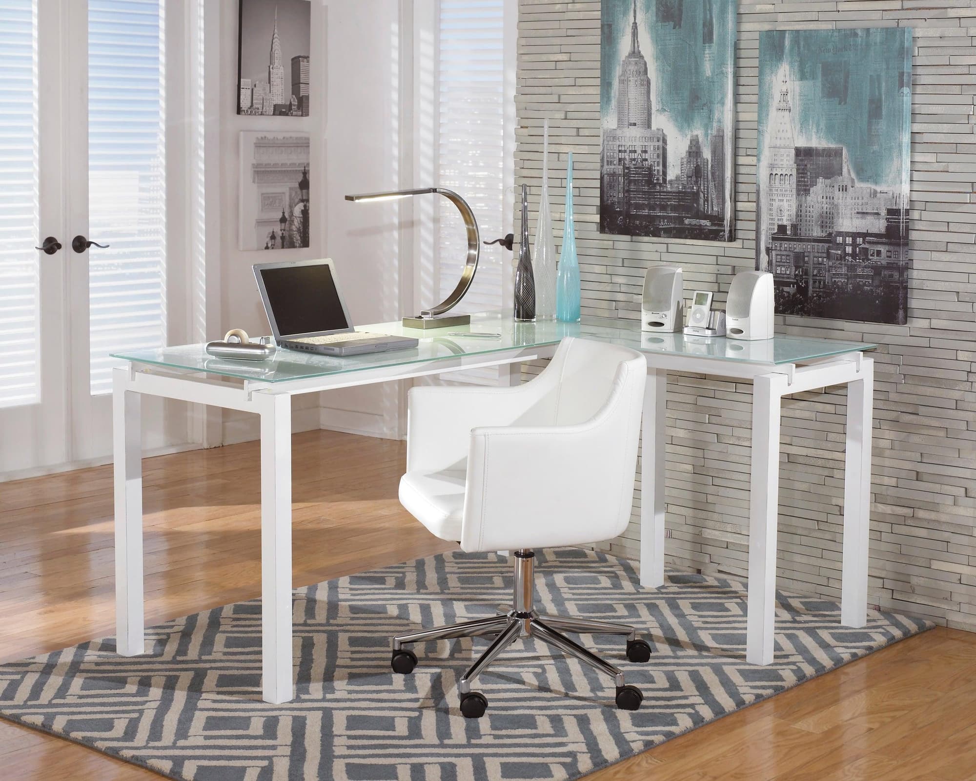Baraga White Classic Glass Computer Office L-Desk