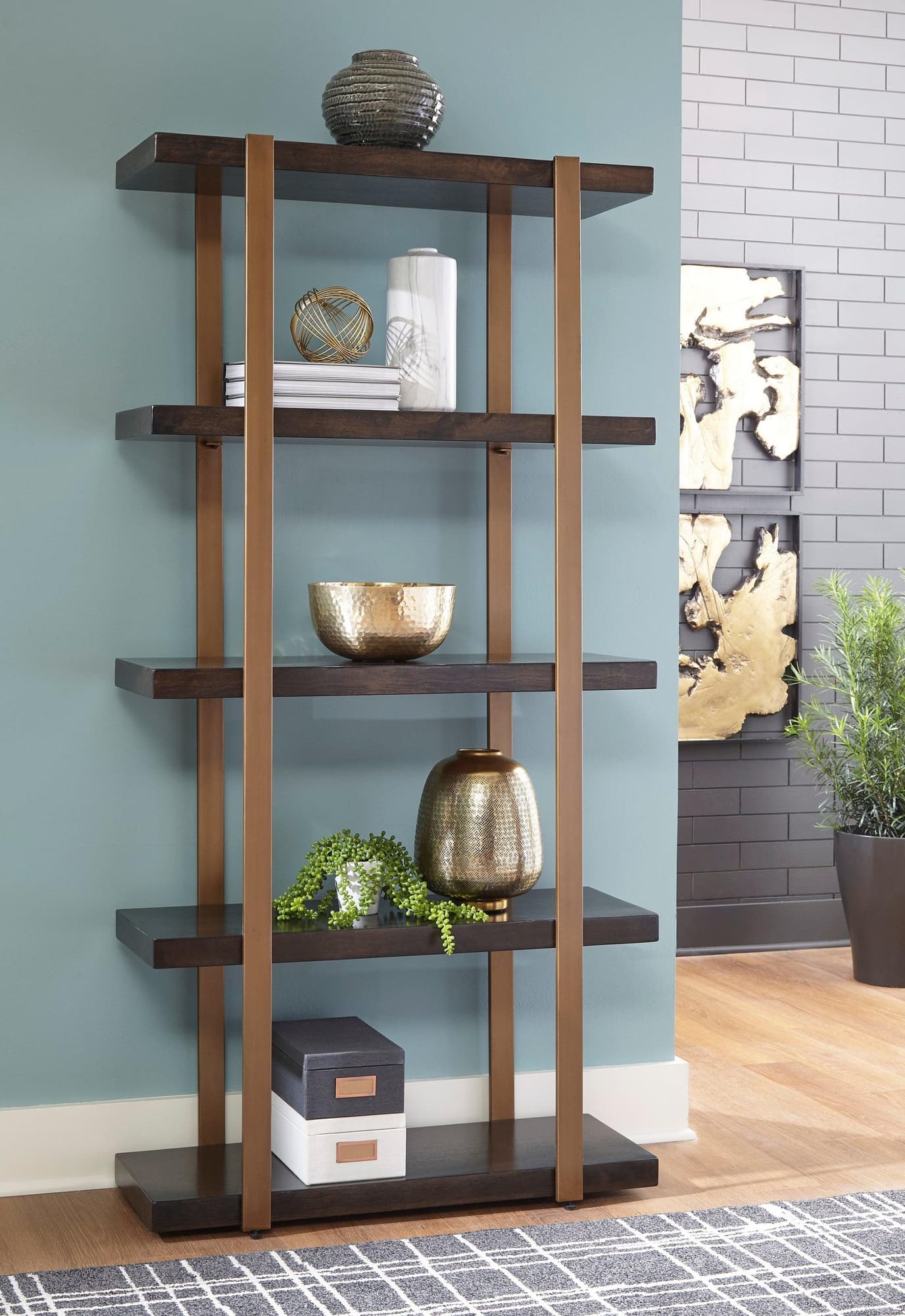 Beckville Gold Finish Brown 5 Shelves Bookcase