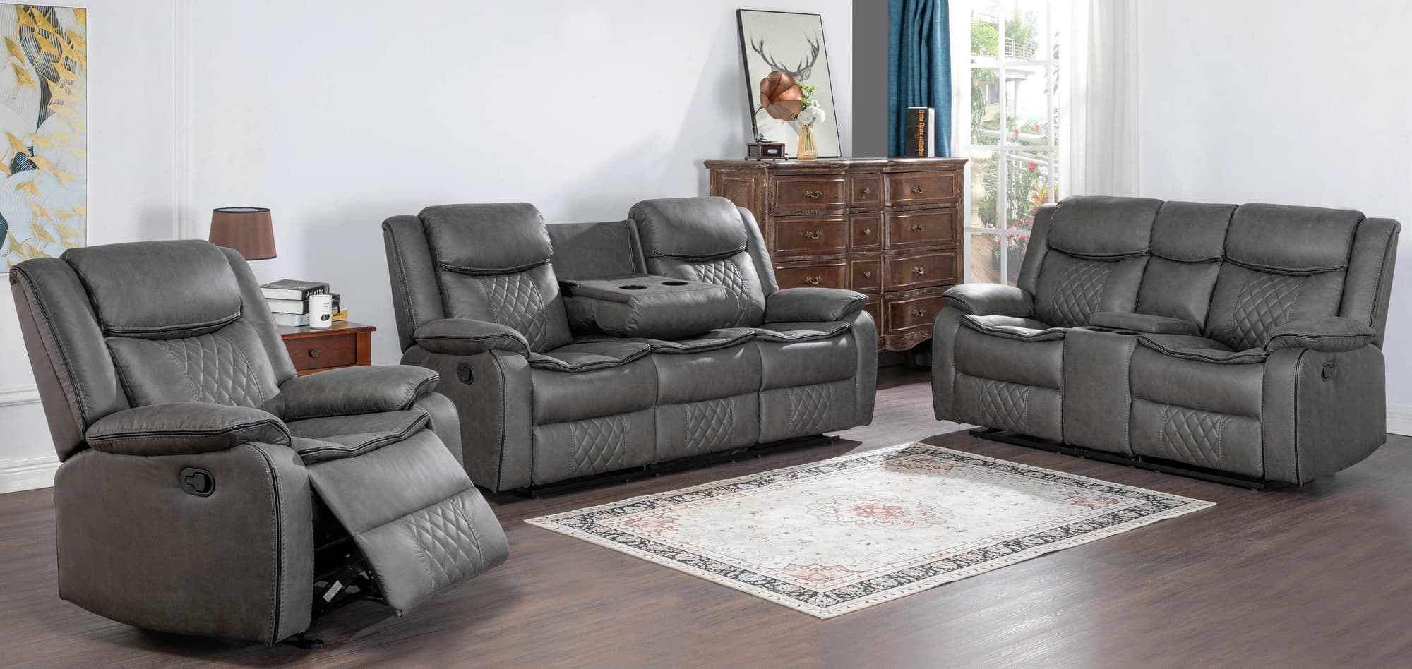 Weston Gray Faux Leather 3-Piece Reclining Living Room Set - Image 1