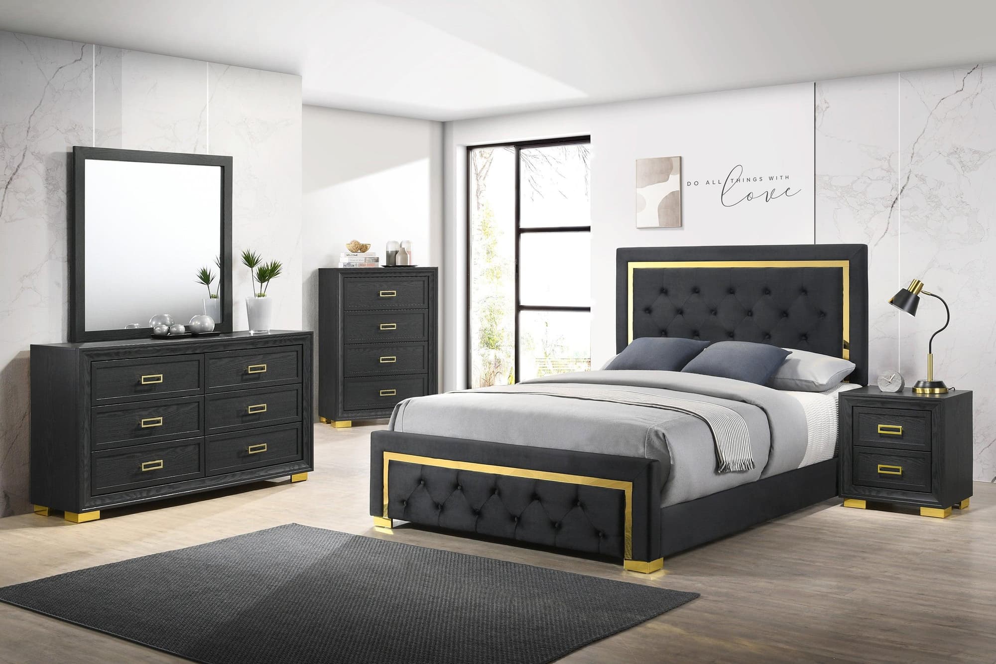 Pepe Black Fabric Upholstered Tufted Panel Bedroom Set - Image 1