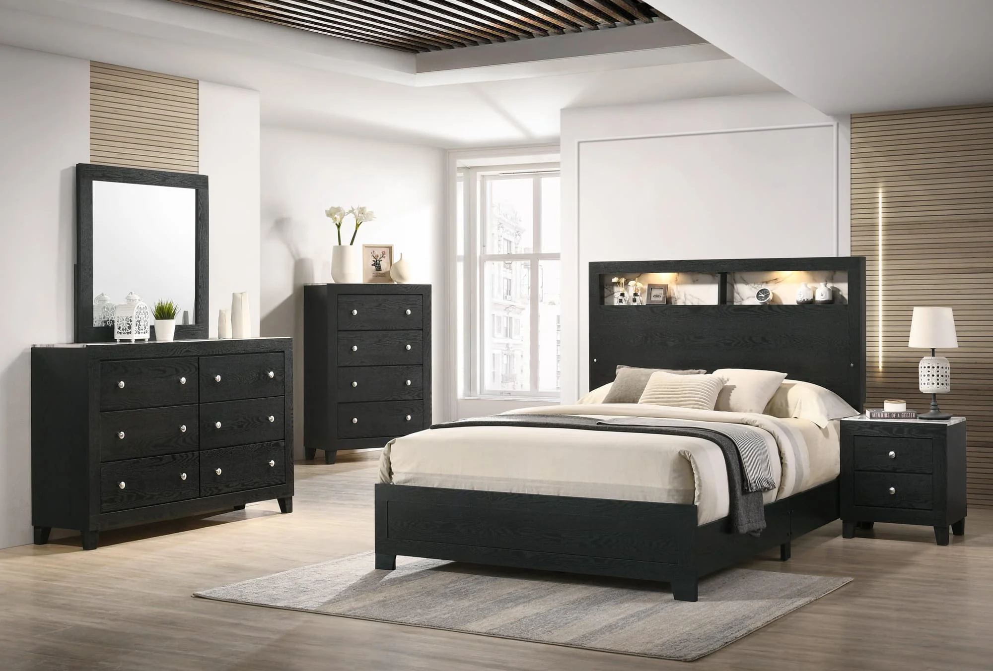 Cadence Black LED Bookcase Panel Bedroom Set - Image 1
