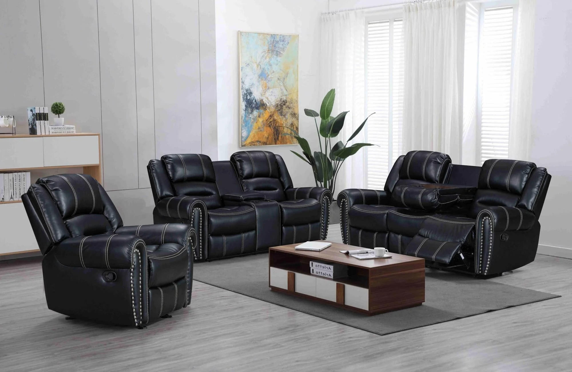 Lexington Black Faux Leather 3-Piece Reclining Set - Image 1
